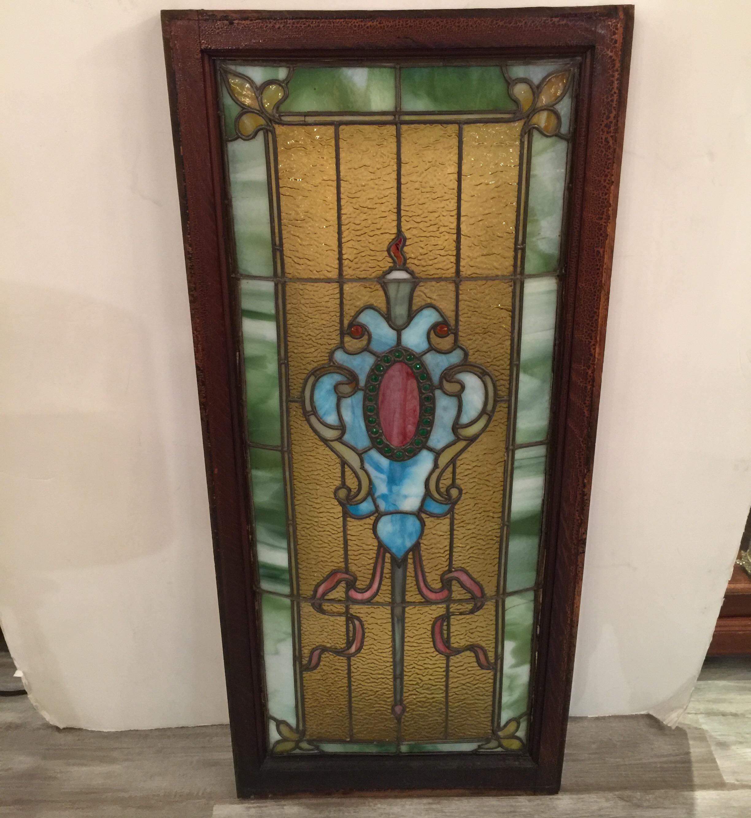 American Original 19th Century Stained Glass Panel with Wood Frame