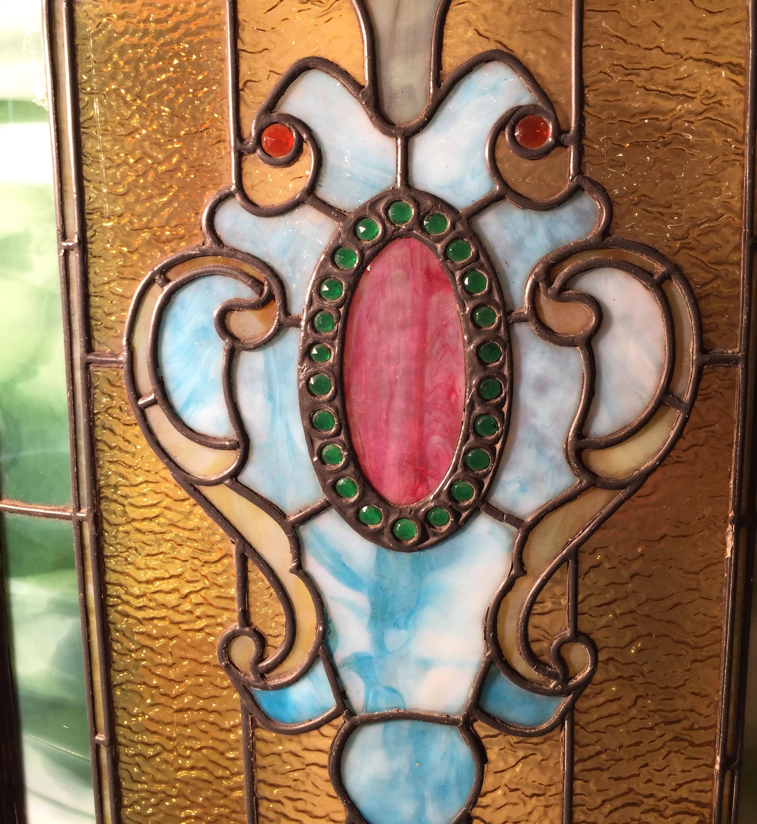 Original 19th Century Stained Glass Panel with Wood Frame 3