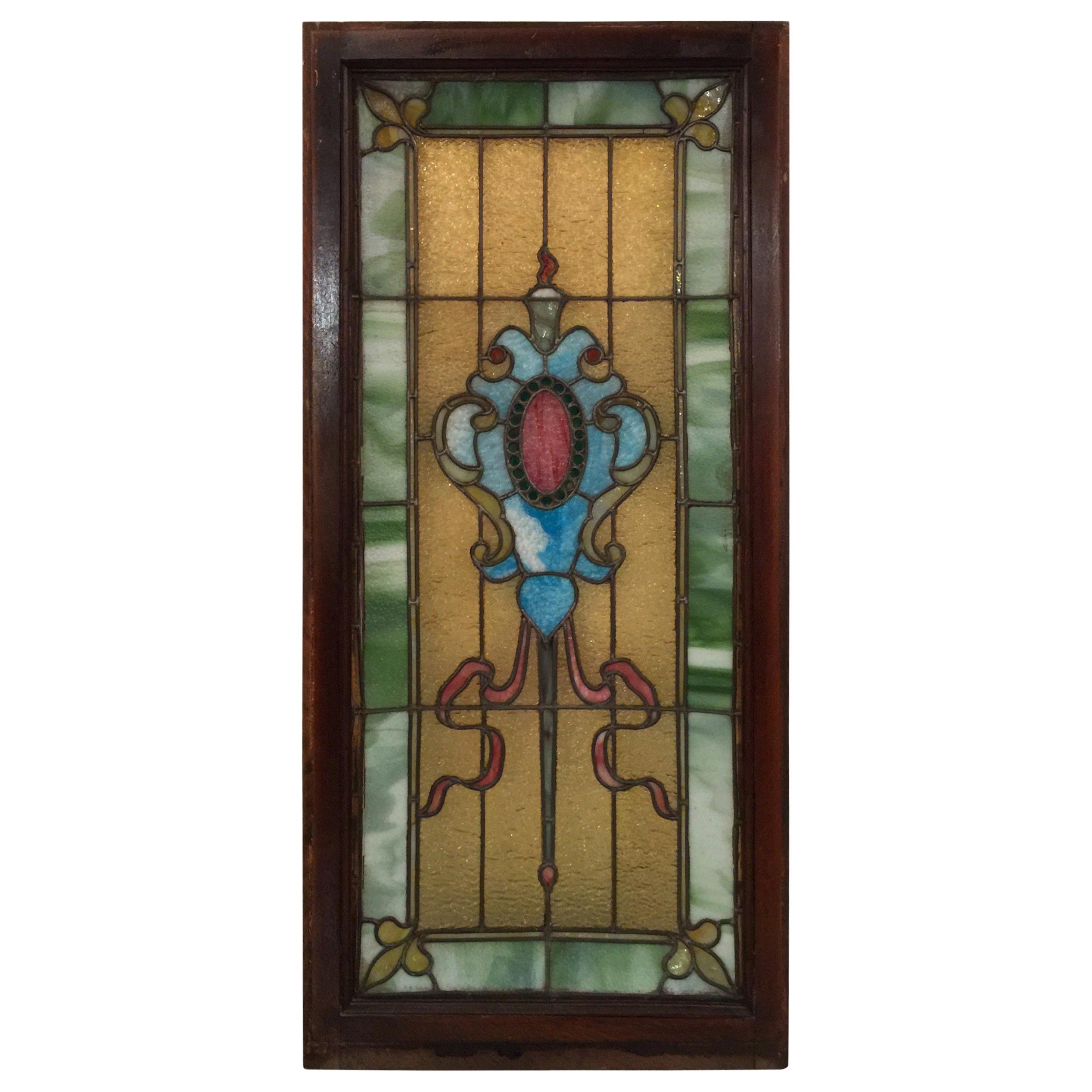Original 19th Century Stained Glass Panel with Wood Frame