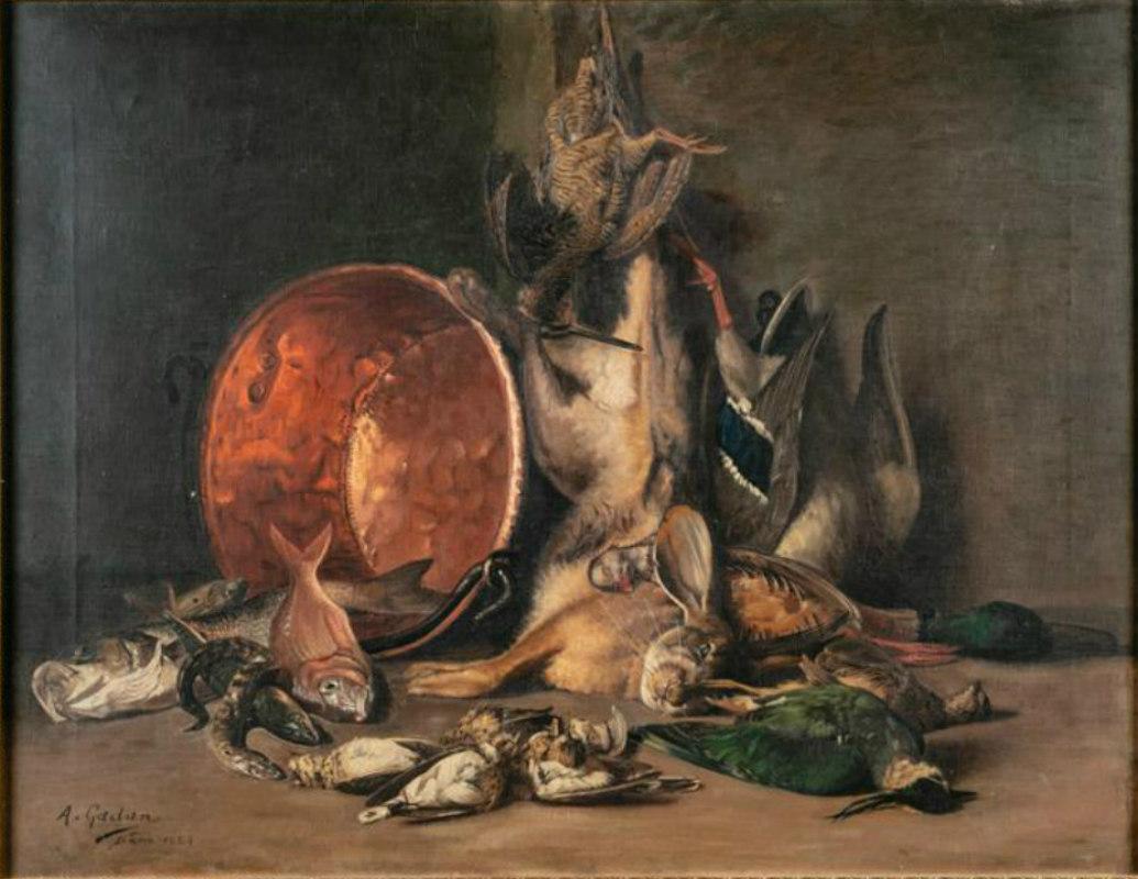 A stunning, original oil on canvas painting by French artist Antoine Gadan. The scene, painted in 1884 and signed in the lower left 'A. Gadan Bône 1884,' features the result of a successful day's hunt. Reminiscent of the work of Jean Baptiste Oudry,