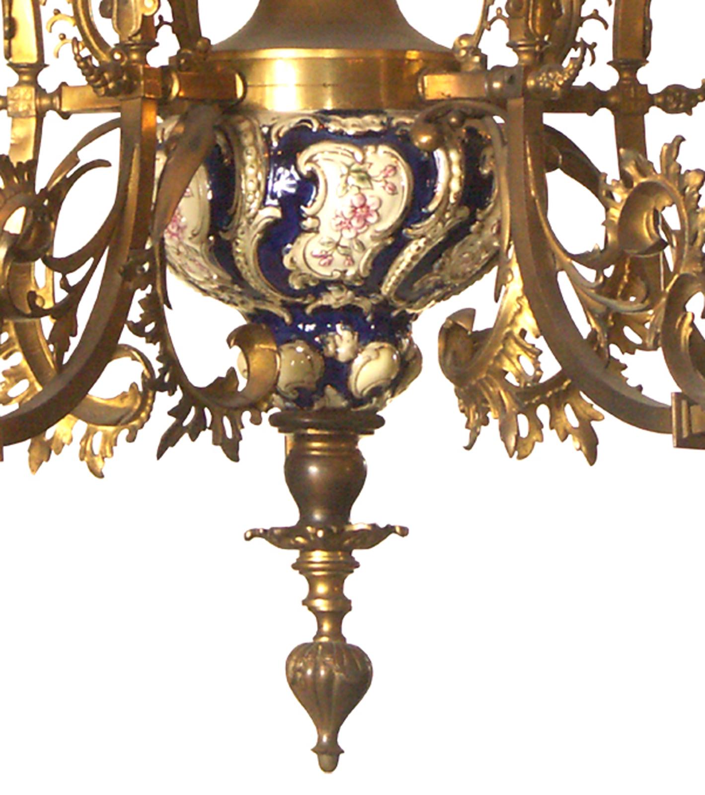 Original 19th Historistic Brass and Ceramic Baroque or Rococo Chandelier For Sale 4