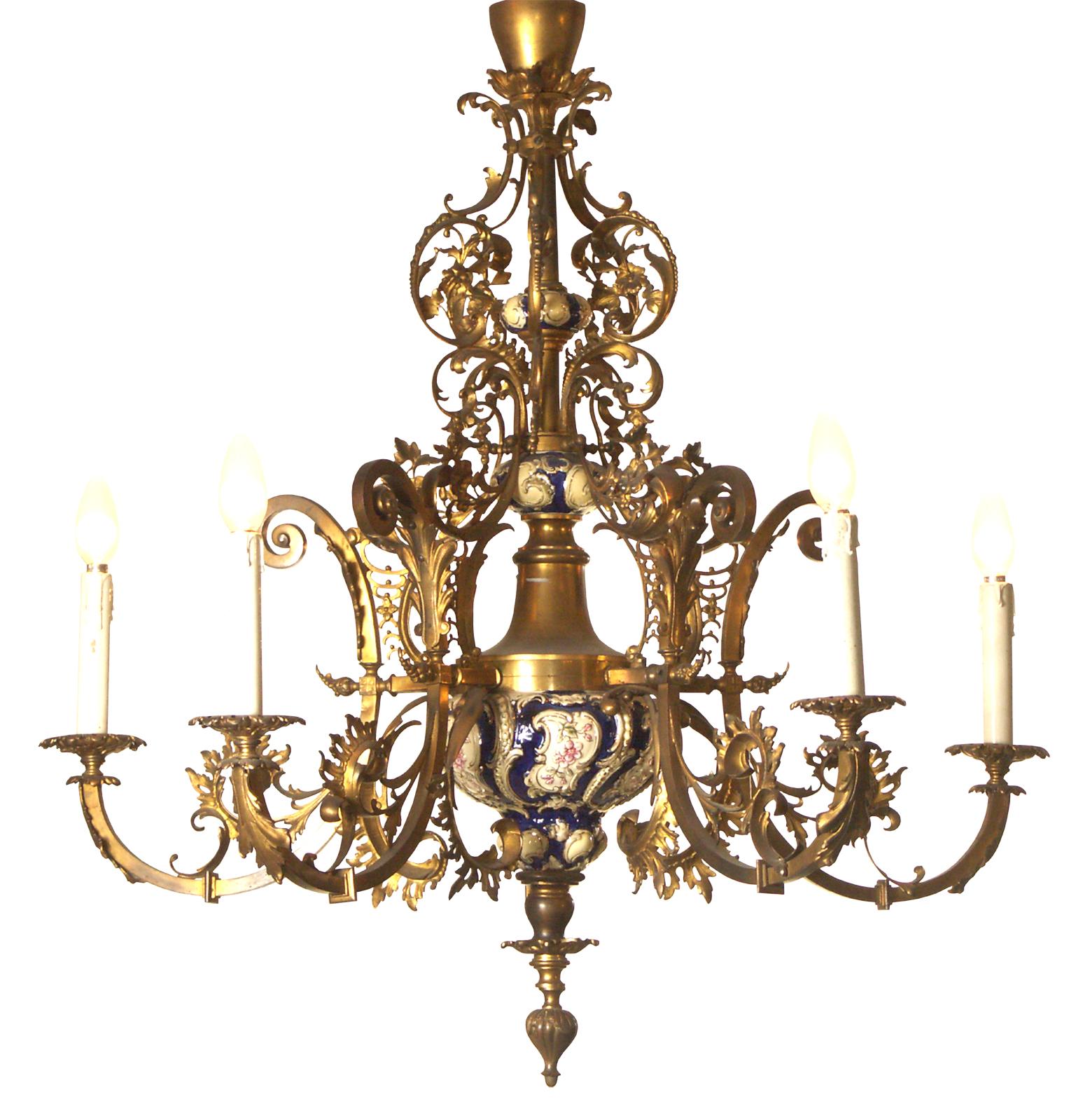 Original 19th Historistic Brass and Ceramic Baroque or Rococo Chandelier For Sale 5