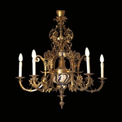 Original 19th Historistic Brass and Ceramic Baroque or Rococo Chandelier