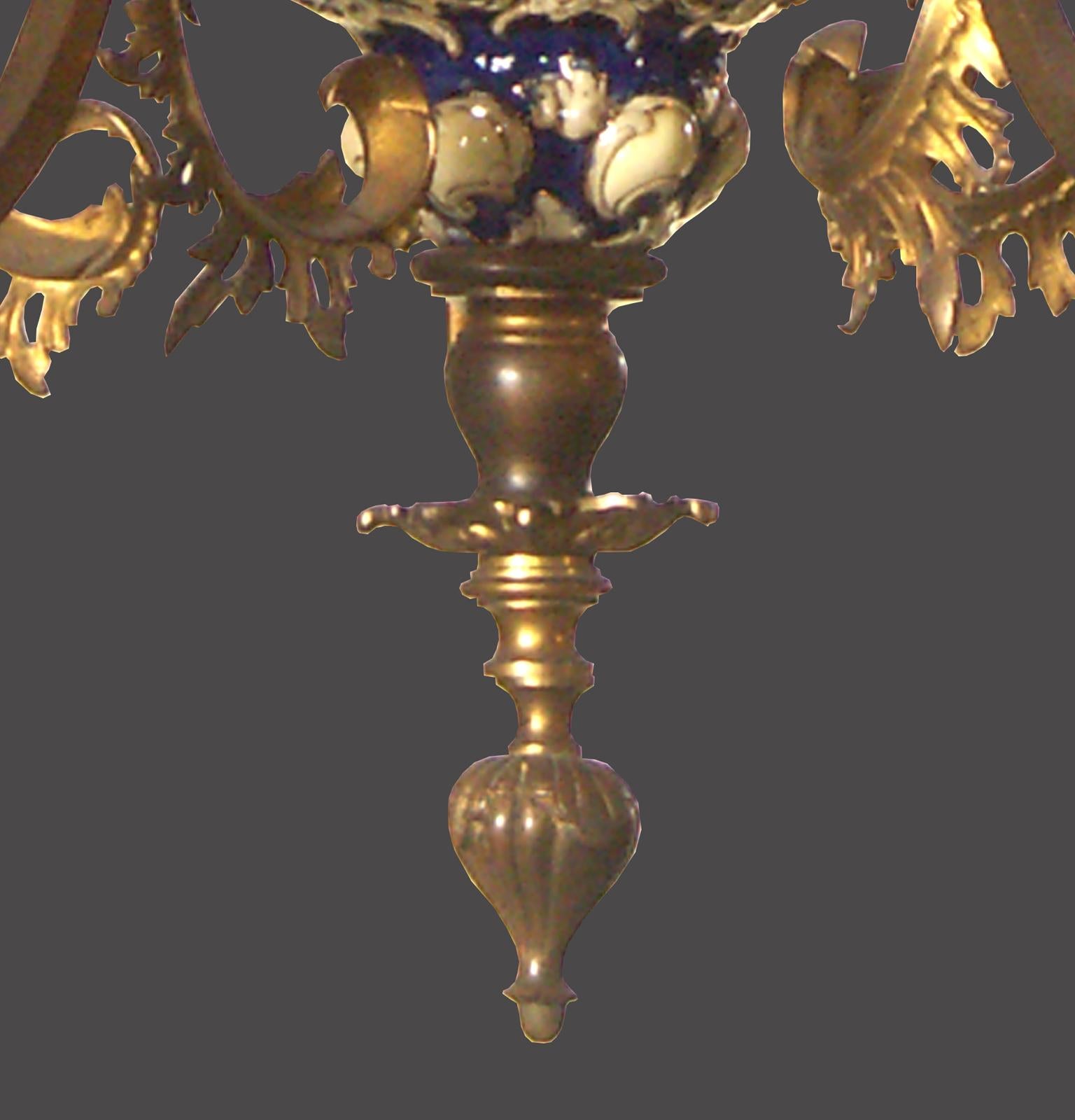 Baroque Revival Original 19th Historistic Brass and Ceramic Baroque or Rococo Chandelier For Sale