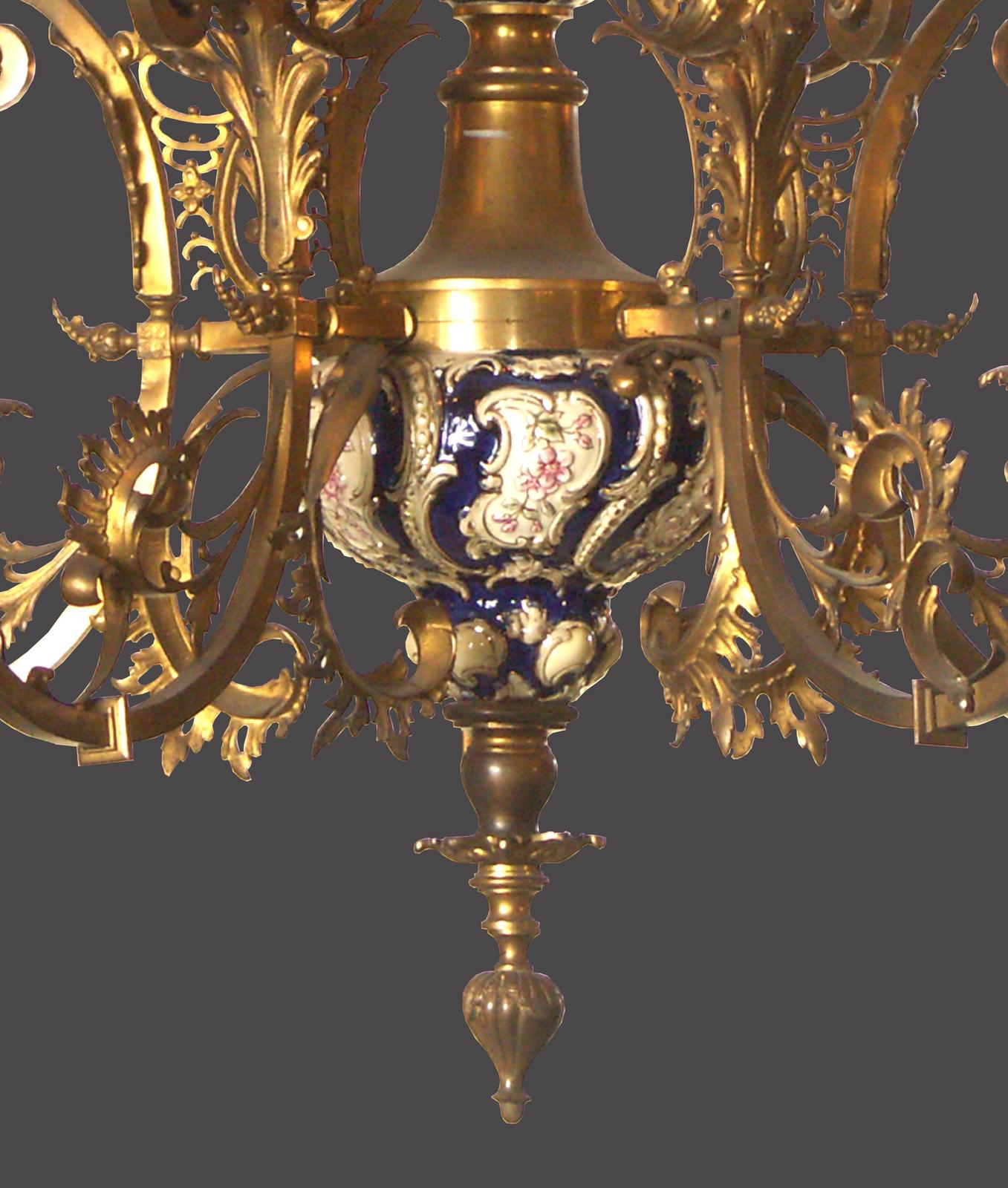 Austrian Original 19th Historistic Brass and Ceramic Baroque or Rococo Chandelier For Sale