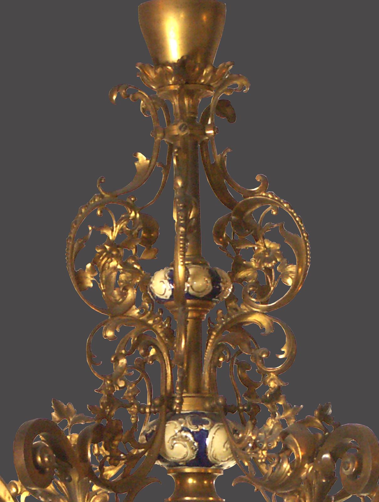 Hand-Crafted Original 19th Historistic Brass and Ceramic Baroque or Rococo Chandelier For Sale