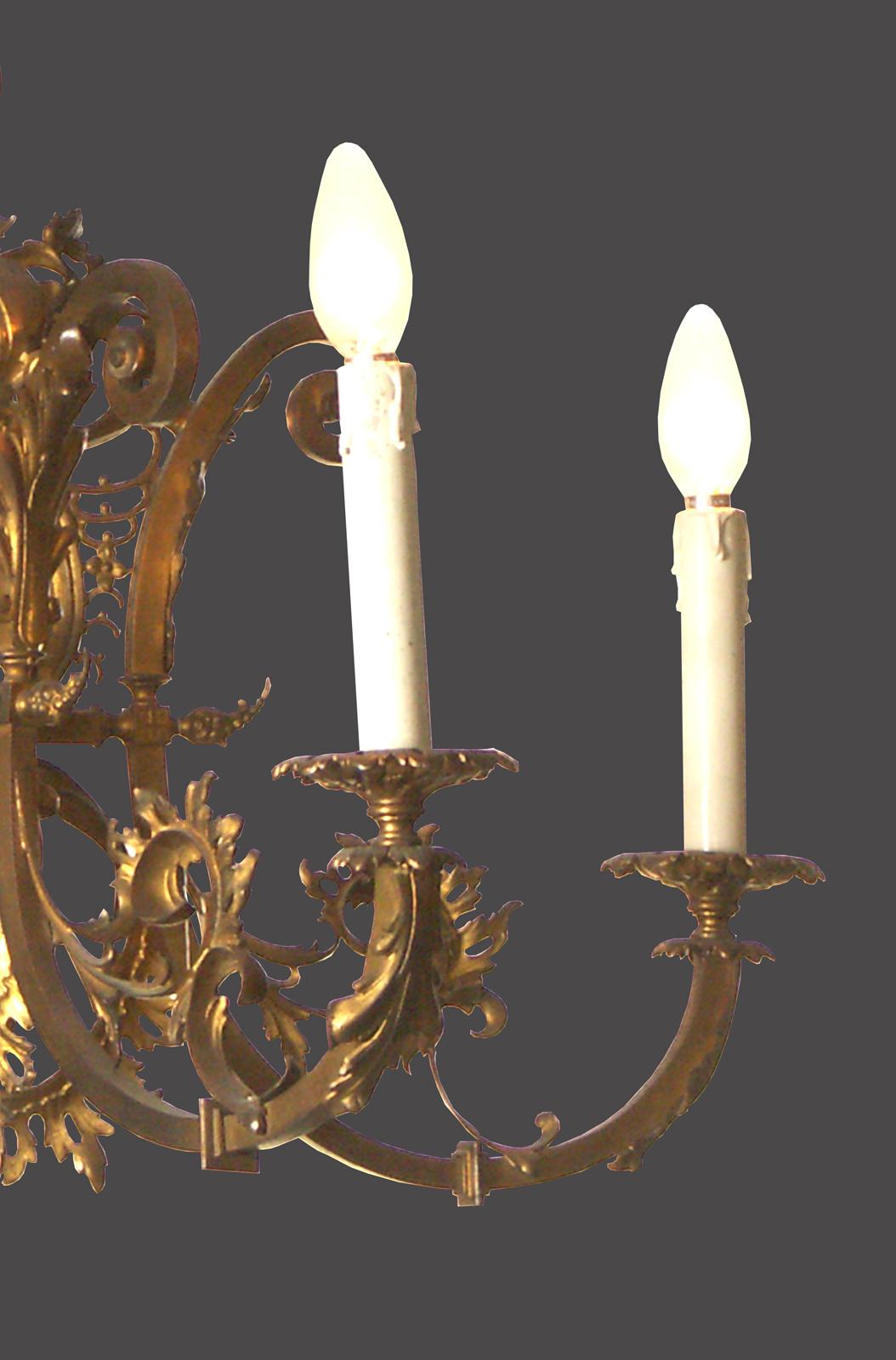 Original 19th Historistic Brass and Ceramic Baroque or Rococo Chandelier In Good Condition For Sale In Vienna, AT