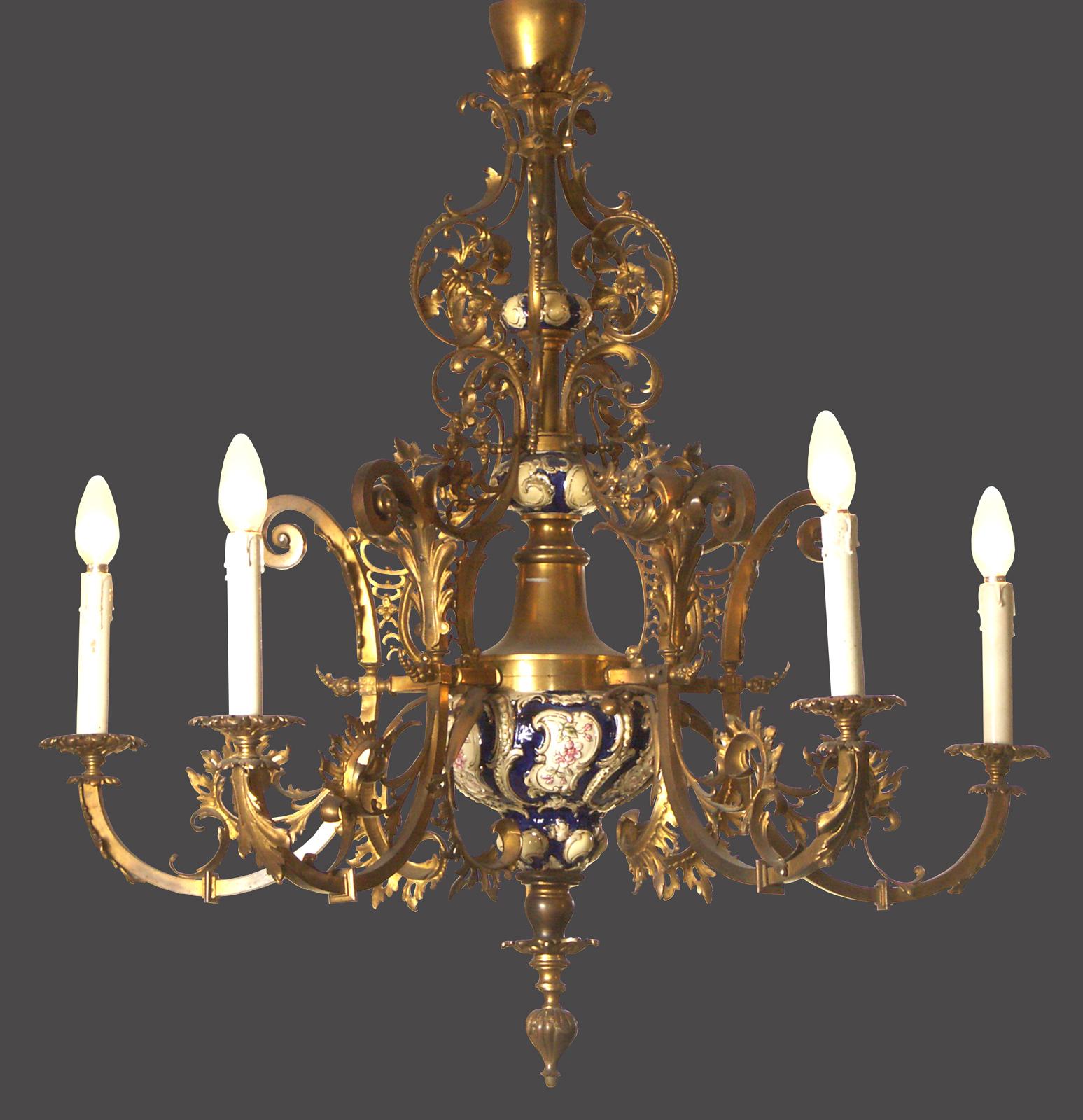 19th Century Original 19th Historistic Brass and Ceramic Baroque or Rococo Chandelier For Sale