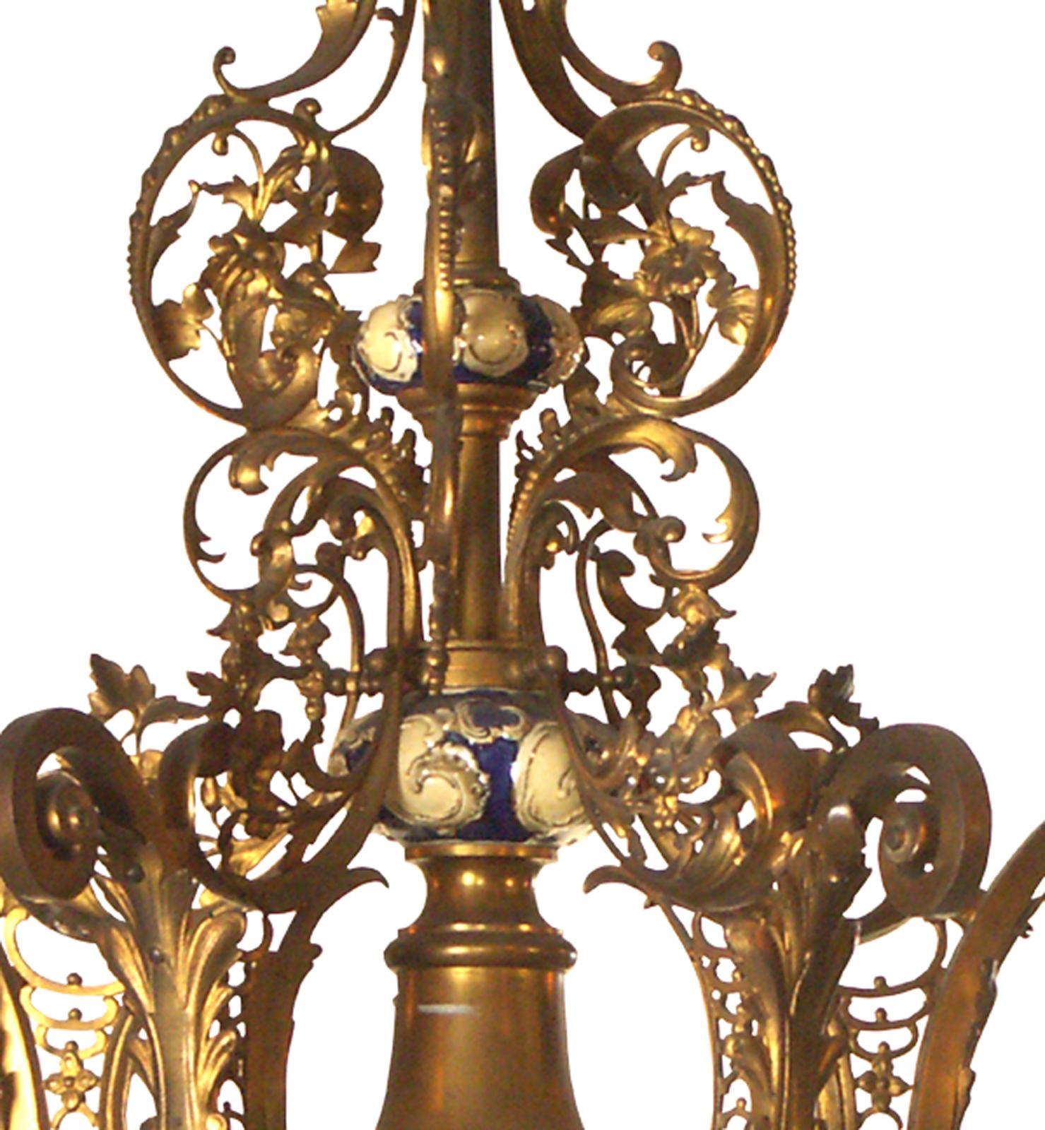 19th Century Original 19th Historistic Brass and Ceramic Baroque or Rococo Chandelier For Sale