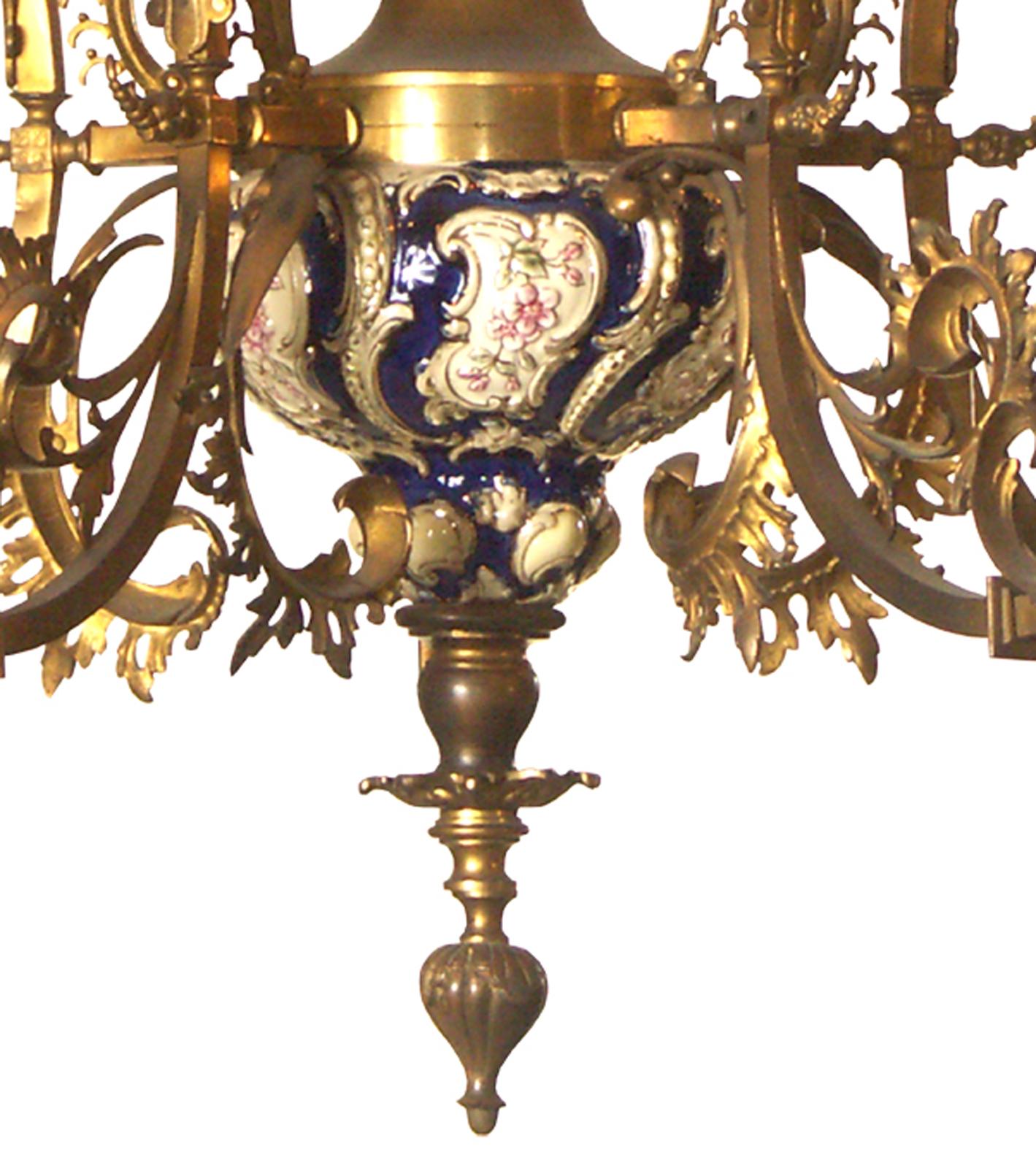 Original 19th Historistic Brass and Ceramic Baroque or Rococo Chandelier For Sale 1