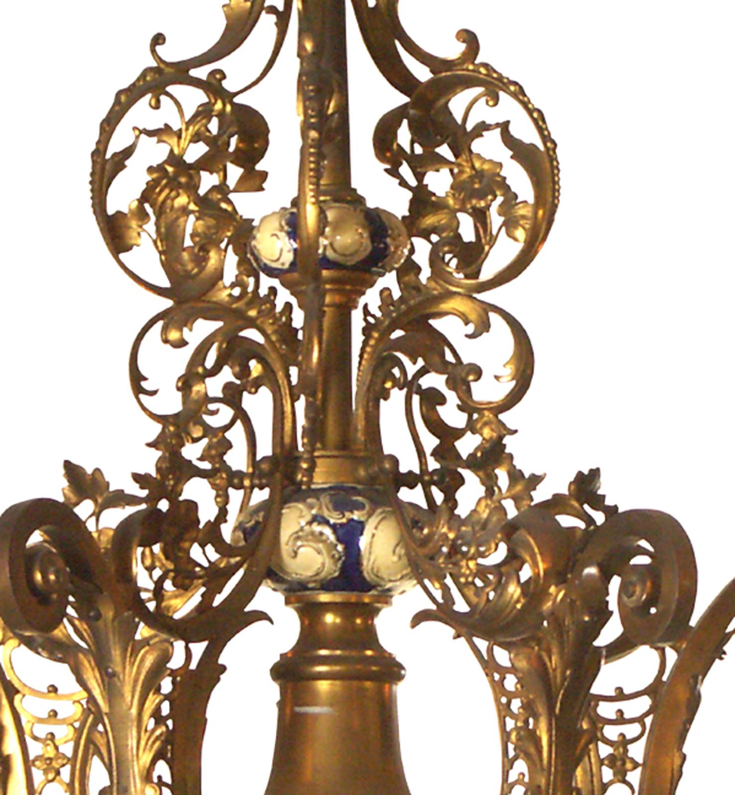 Original 19th Historistic Brass and Ceramic Baroque or Rococo Chandelier For Sale 2