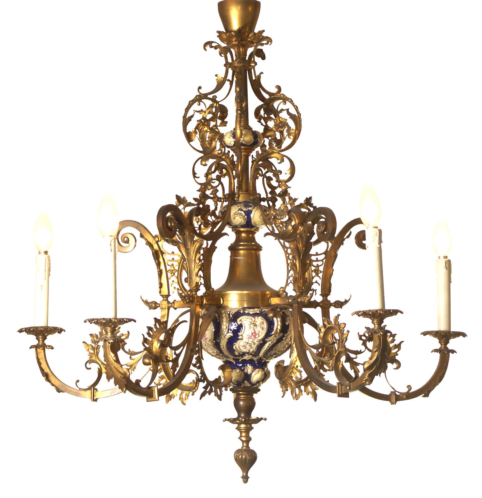 Original 19th Historistic Brass and Ceramic Baroque or Rococo Chandelier For Sale 2