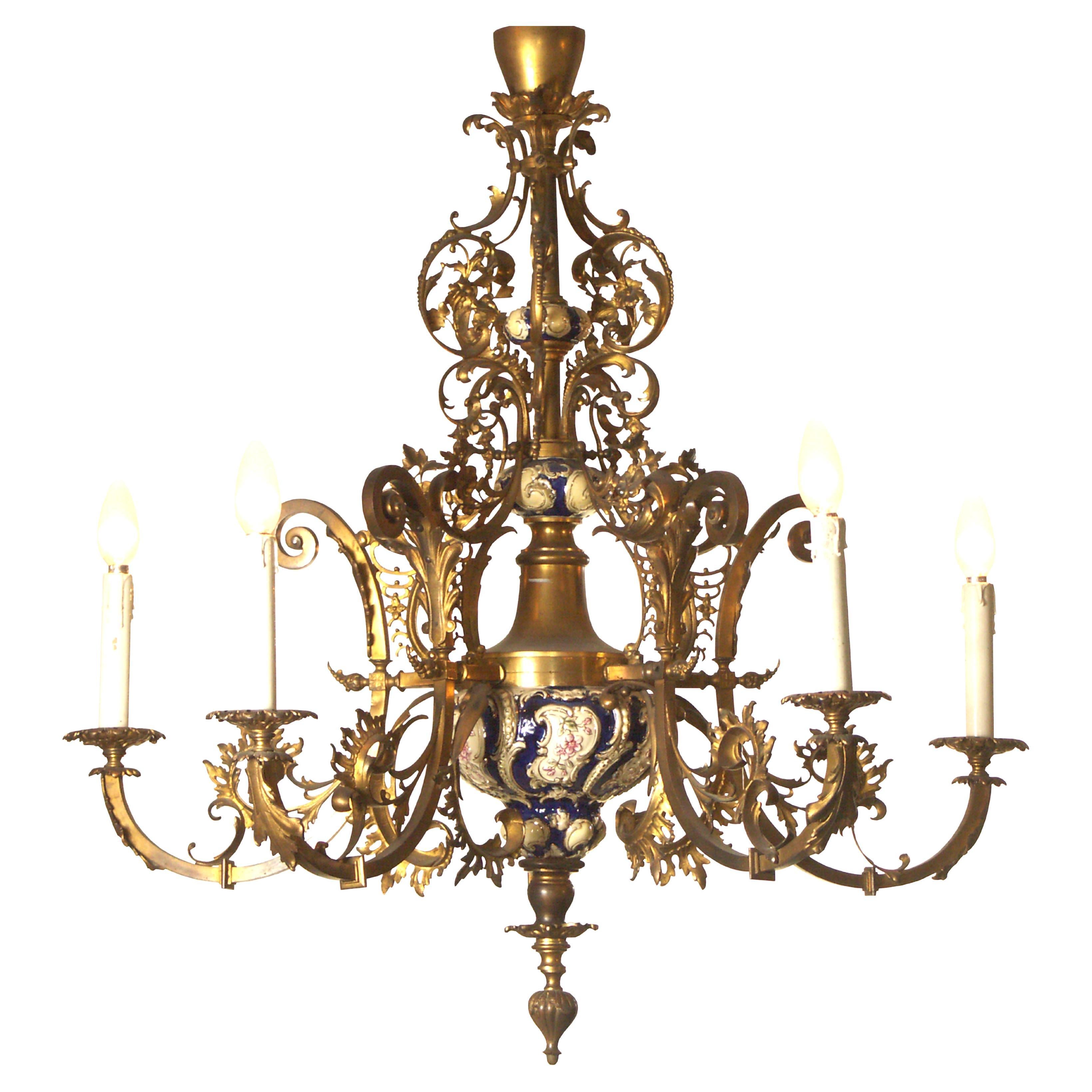 Original 19th Historistic Brass and Ceramic Baroque or Rococo Chandelier
