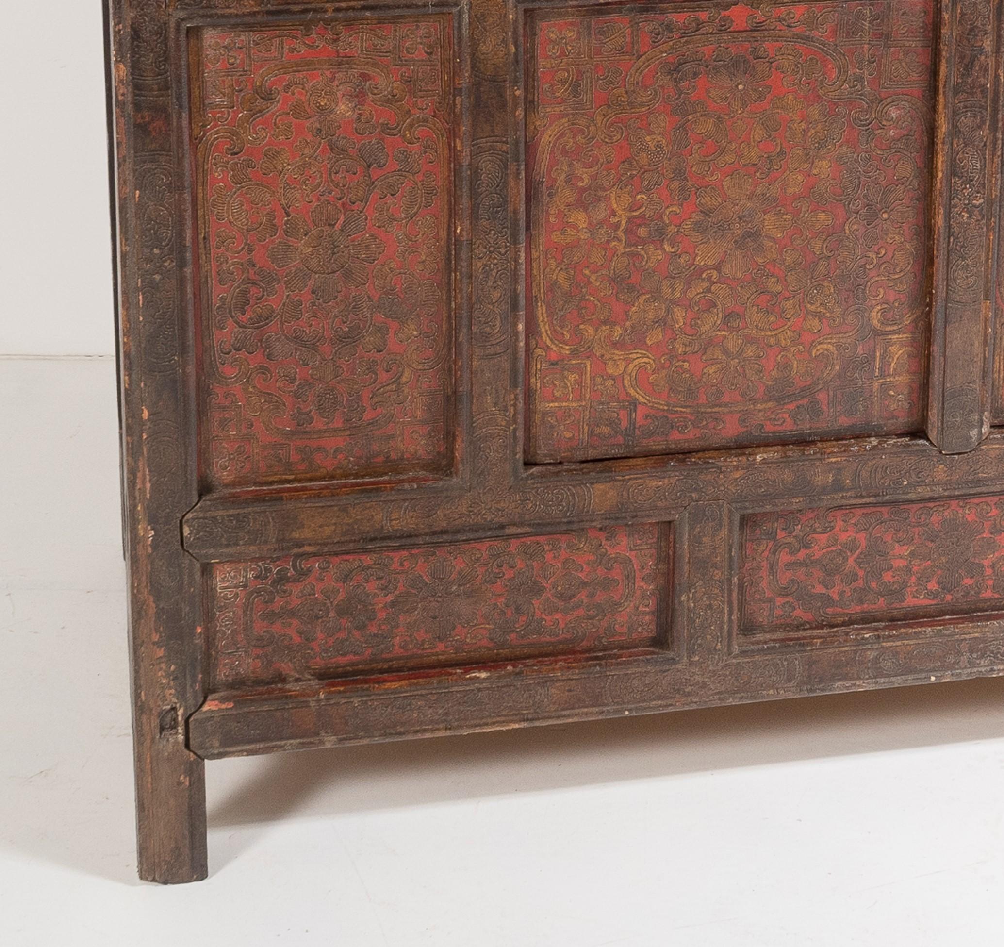 Original 19thC Large Chinese Tibetan Hand Painted Lacquered Cupboard Sideboard For Sale 6