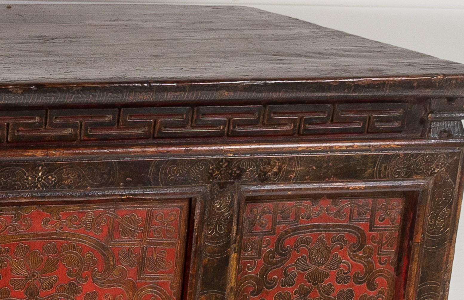 Original 19thC Large Chinese Tibetan Hand Painted Lacquered Cupboard Sideboard For Sale 10