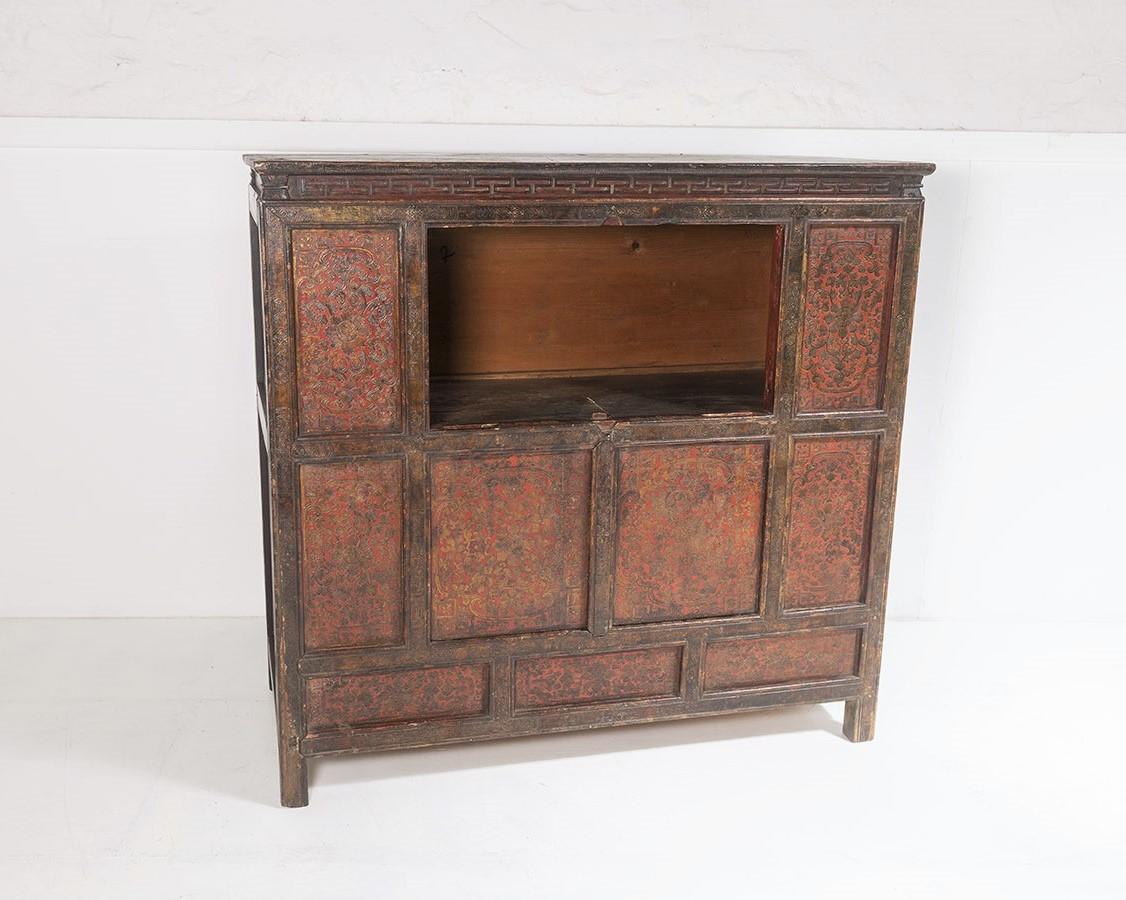 Wood Original 19thC Large Chinese Tibetan Hand Painted Lacquered Cupboard Sideboard For Sale