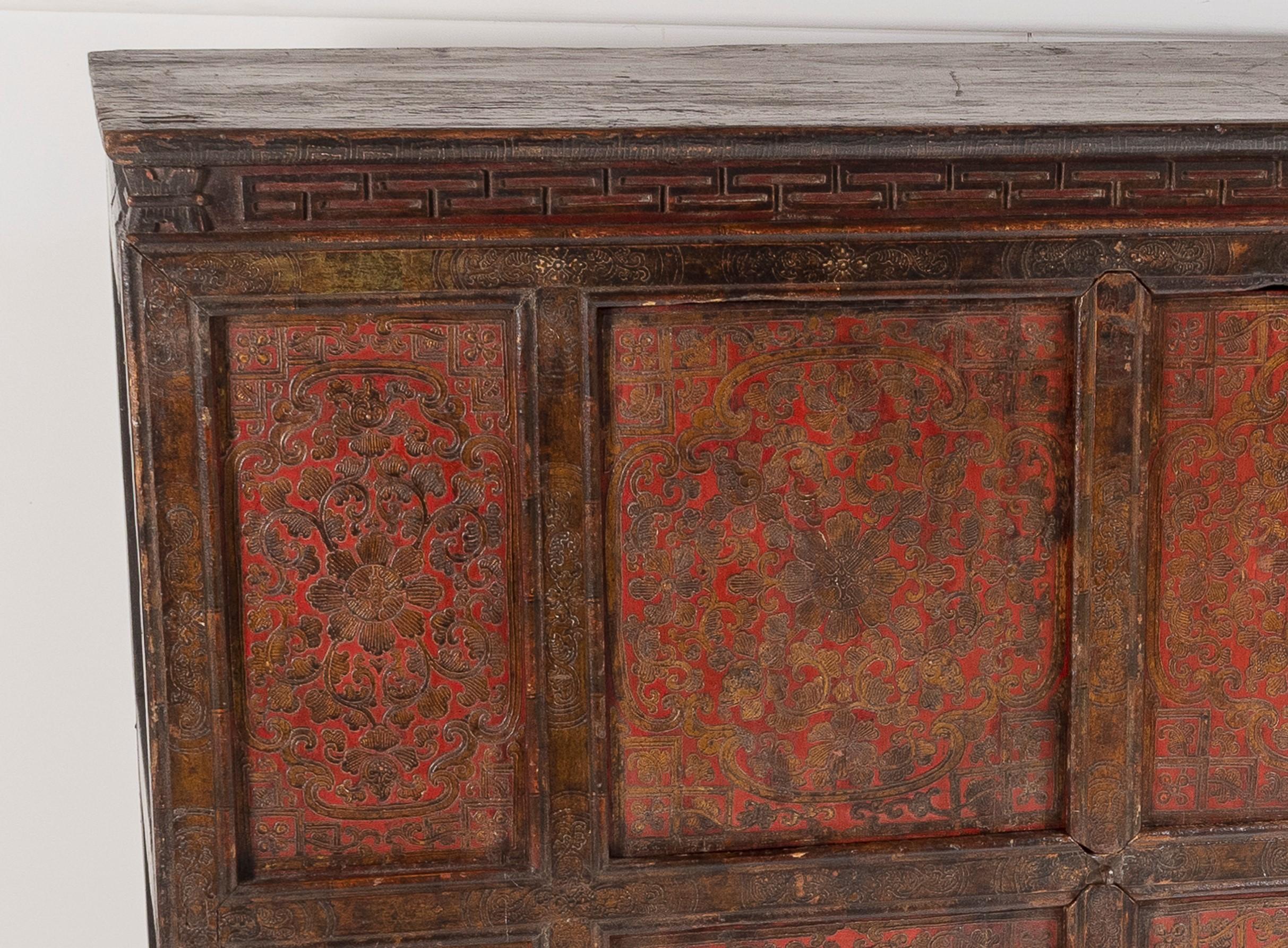 Original 19thC Large Chinese Tibetan Hand Painted Lacquered Cupboard Sideboard For Sale 3
