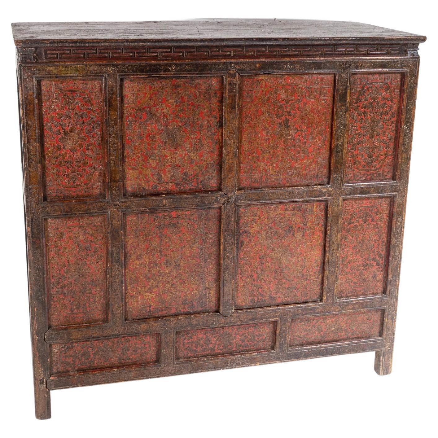 Original 19thC Large Chinese Tibetan Hand Painted Lacquered Cupboard Sideboard For Sale