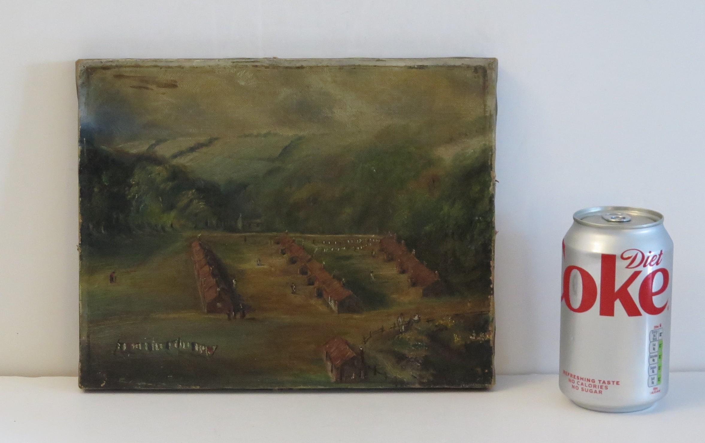 Original Small Oil Painting on canvas Colonial Shanty Town Landscape, 19th C. For Sale 12