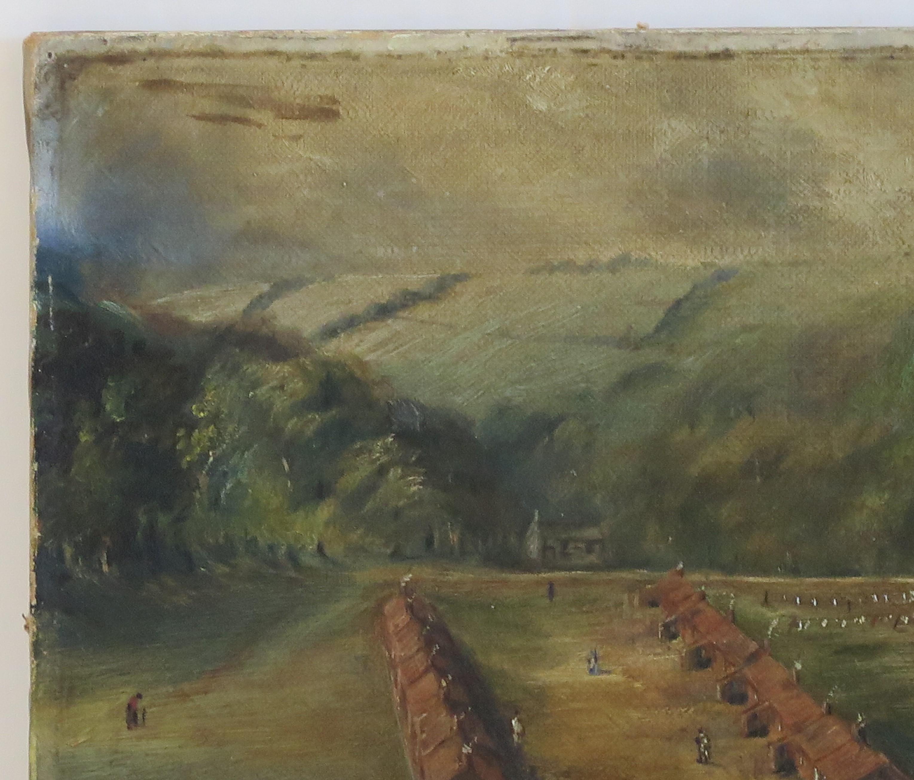 Néocolonial Petite peinture à l'huile originale sur toile - Paysage colonial de ville de Shanty, 19e siècle en vente
