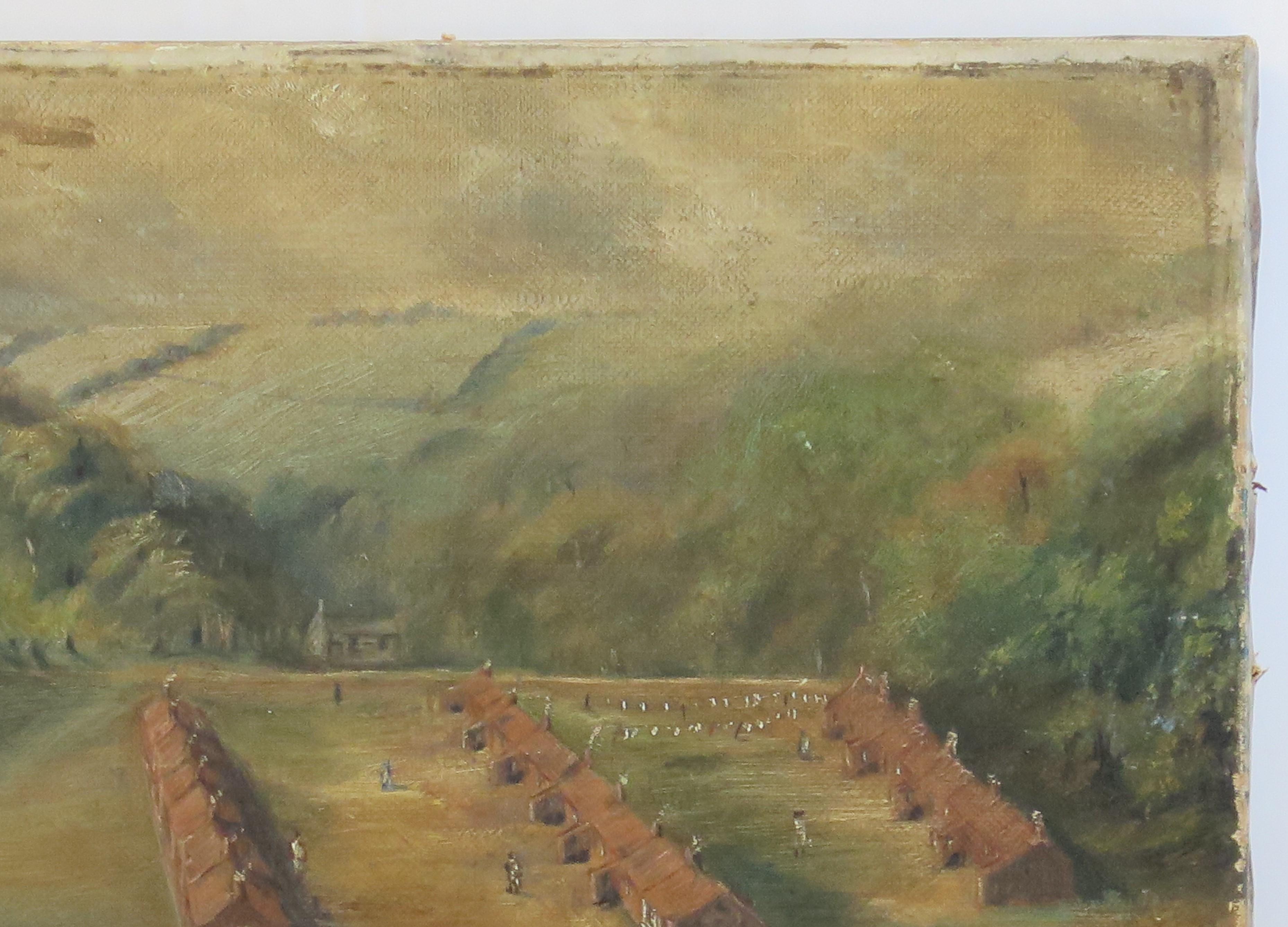 Peint à la main Petite peinture à l'huile originale sur toile - Paysage colonial de ville de Shanty, 19e siècle en vente