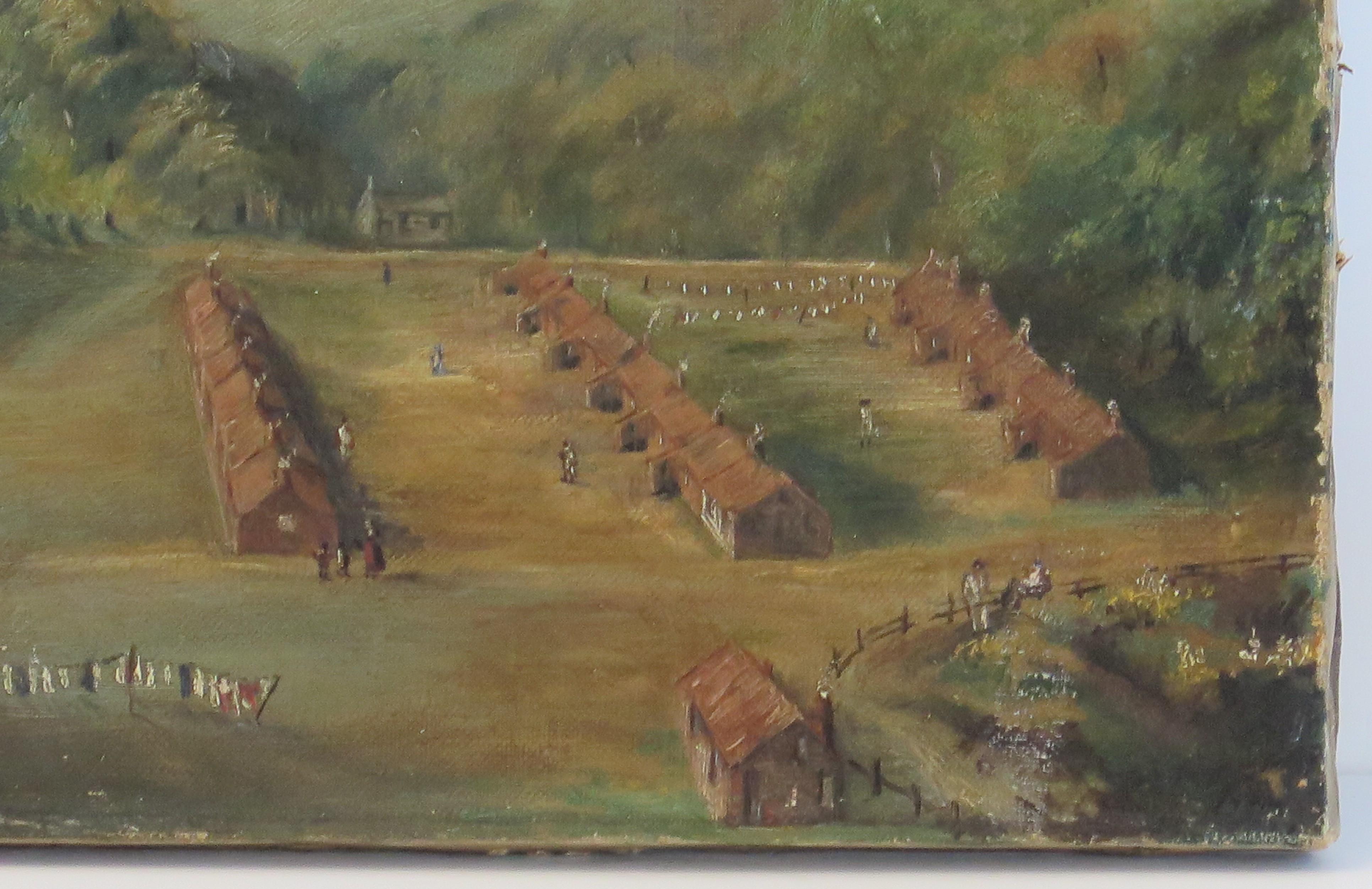 Petite peinture à l'huile originale sur toile - Paysage colonial de ville de Shanty, 19e siècle Bon état - En vente à Lincoln, Lincolnshire