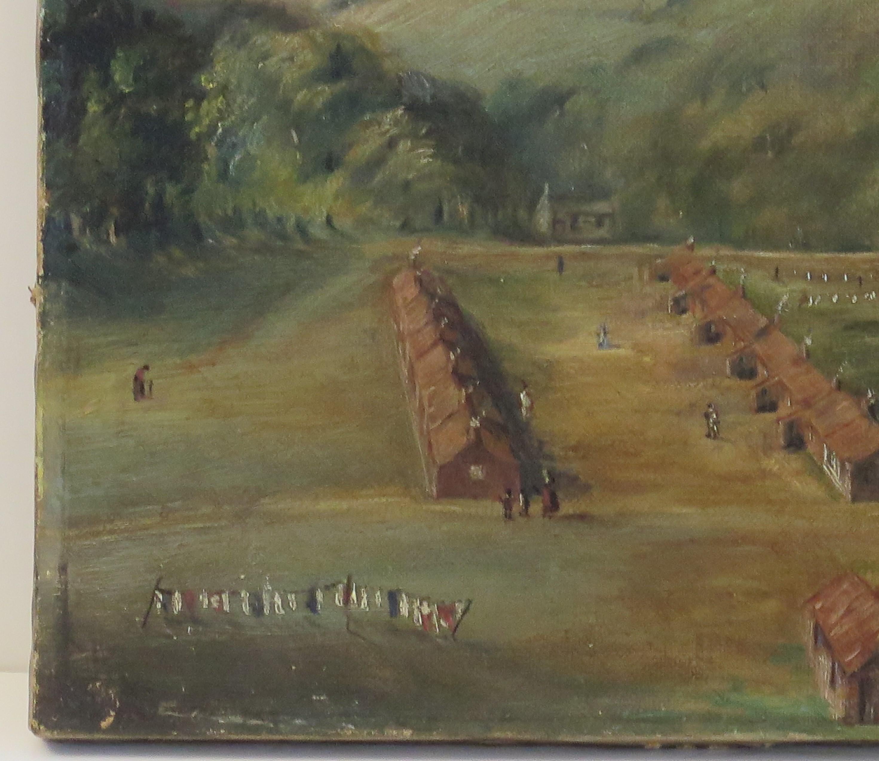 XIXe siècle Petite peinture à l'huile originale sur toile - Paysage colonial de ville de Shanty, 19e siècle en vente