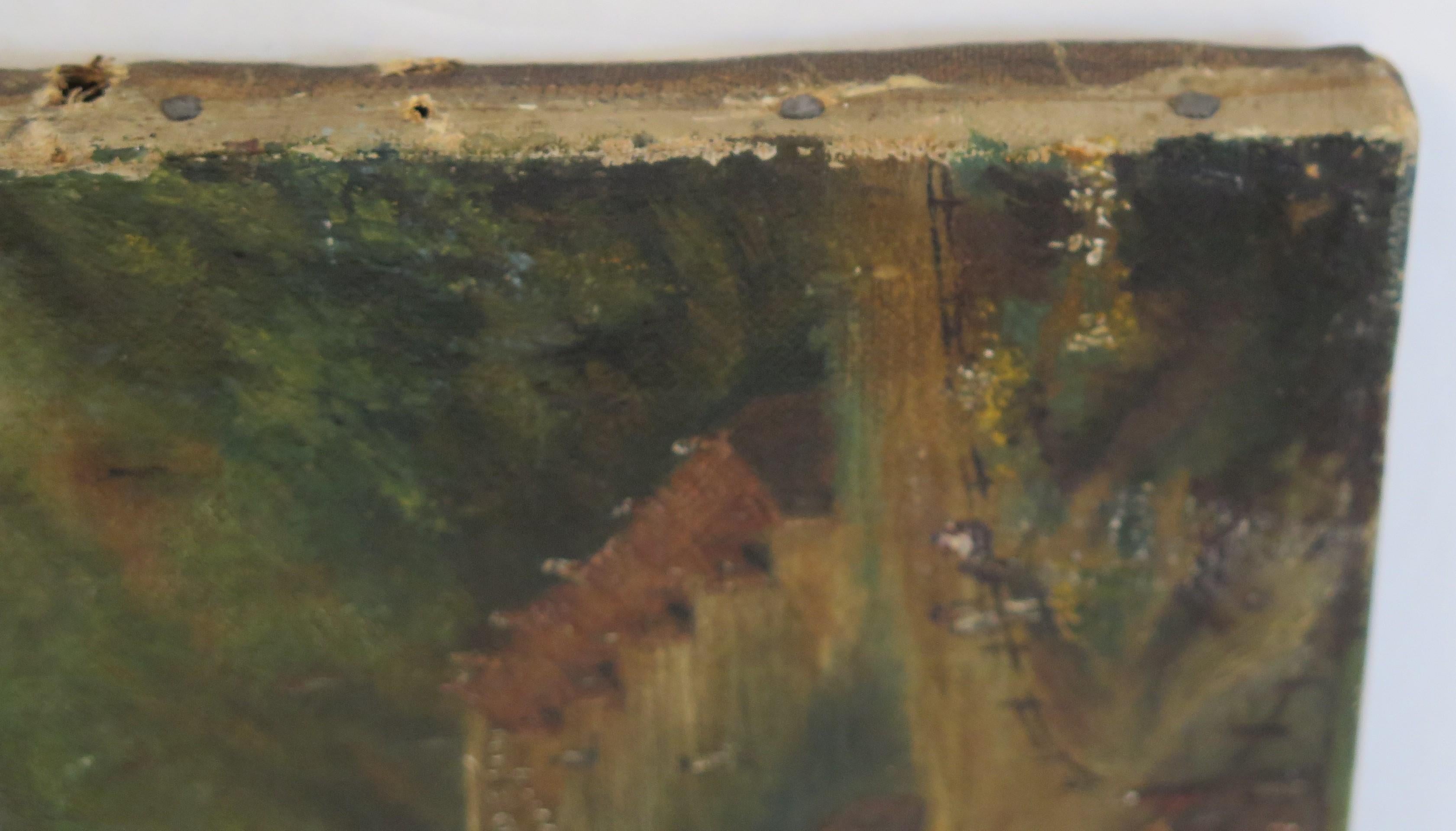Toile Petite peinture à l'huile originale sur toile - Paysage colonial de ville de Shanty, 19e siècle en vente