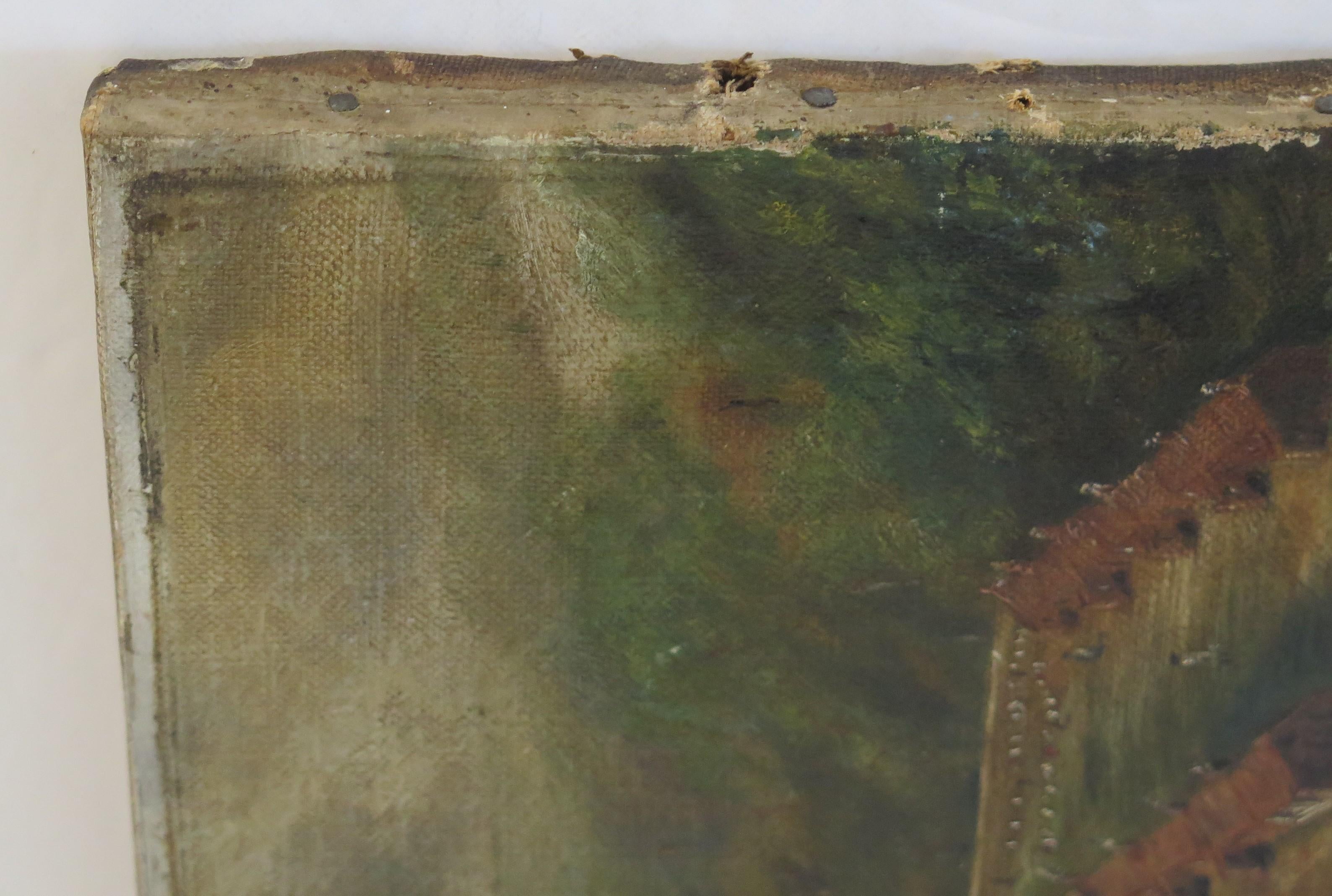 Petite peinture à l'huile originale sur toile - Paysage colonial de ville de Shanty, 19e siècle en vente 1