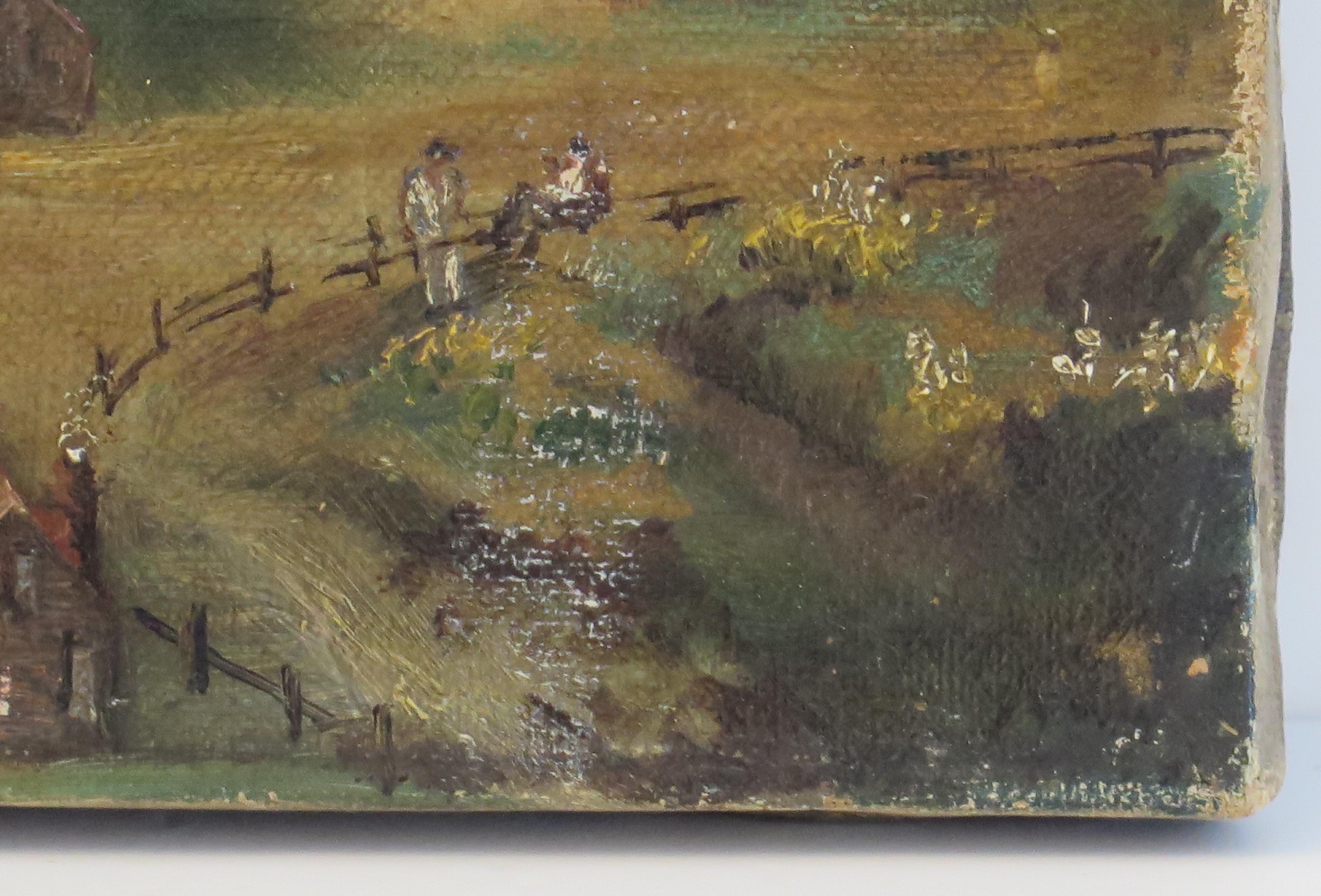 Original Small Oil Painting on canvas Colonial Shanty Town Landscape, 19th C. For Sale 2