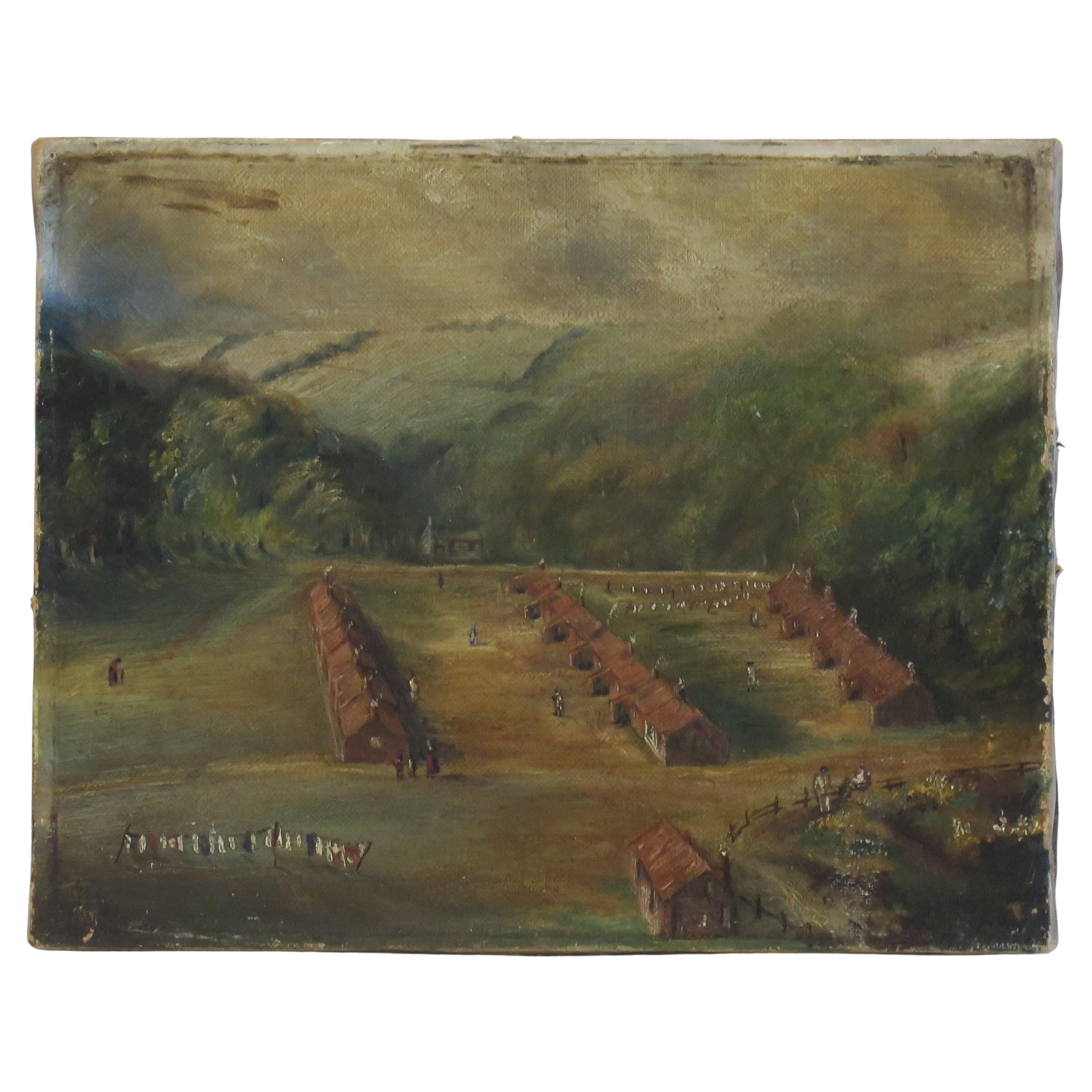Petite peinture à l'huile originale sur toile - Paysage colonial de ville de Shanty, 19e siècle en vente