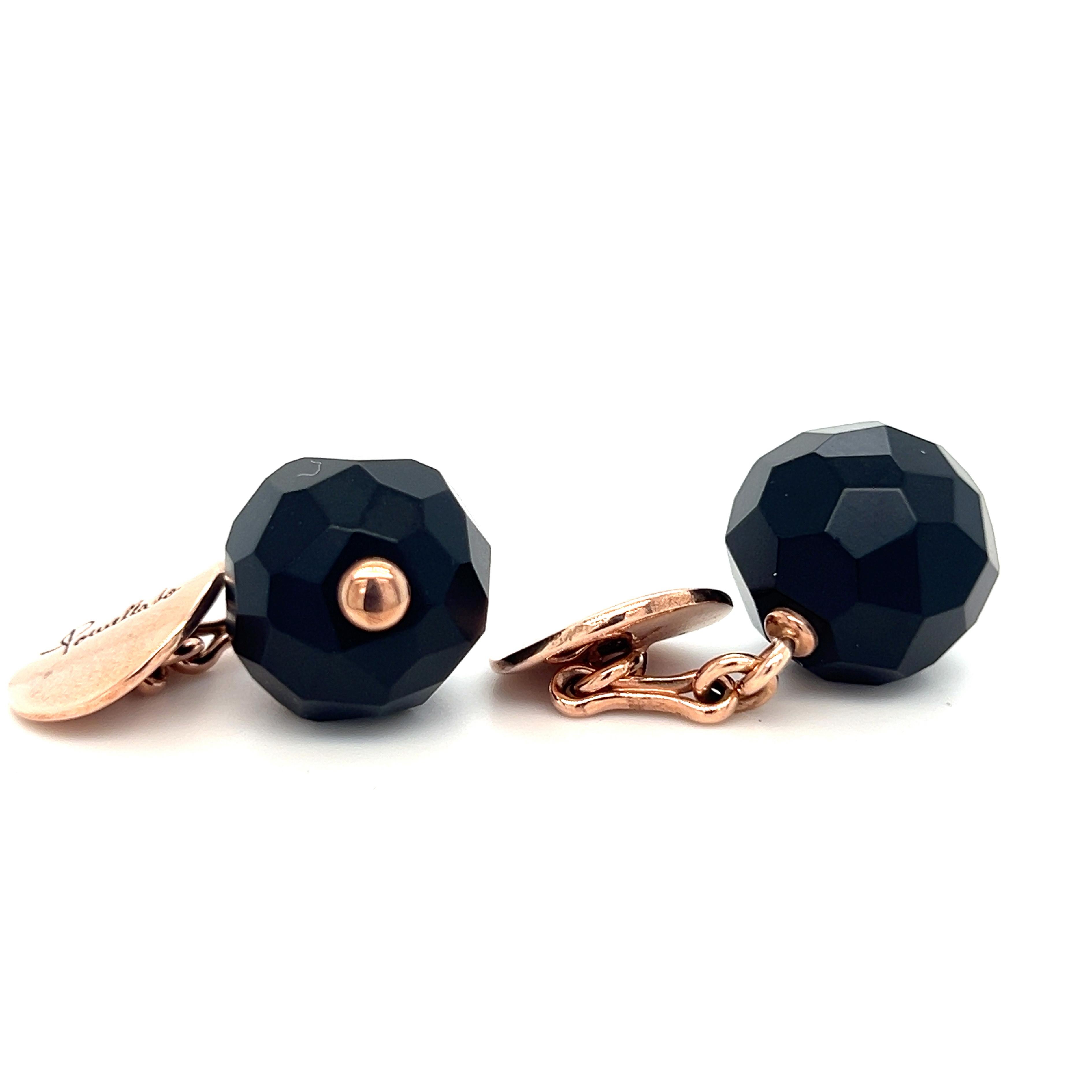 Original 2012, Faceted Jet Ball Pomellato Cufflinks,  Rose Gold Setting(G.A910/OV/9).
This extremely versatile, wearable piece is perfect with any attire: Handcrafted in Rose Gold with an Hand Inlaid Round Faceted Iridescent Jet Ball.. the final