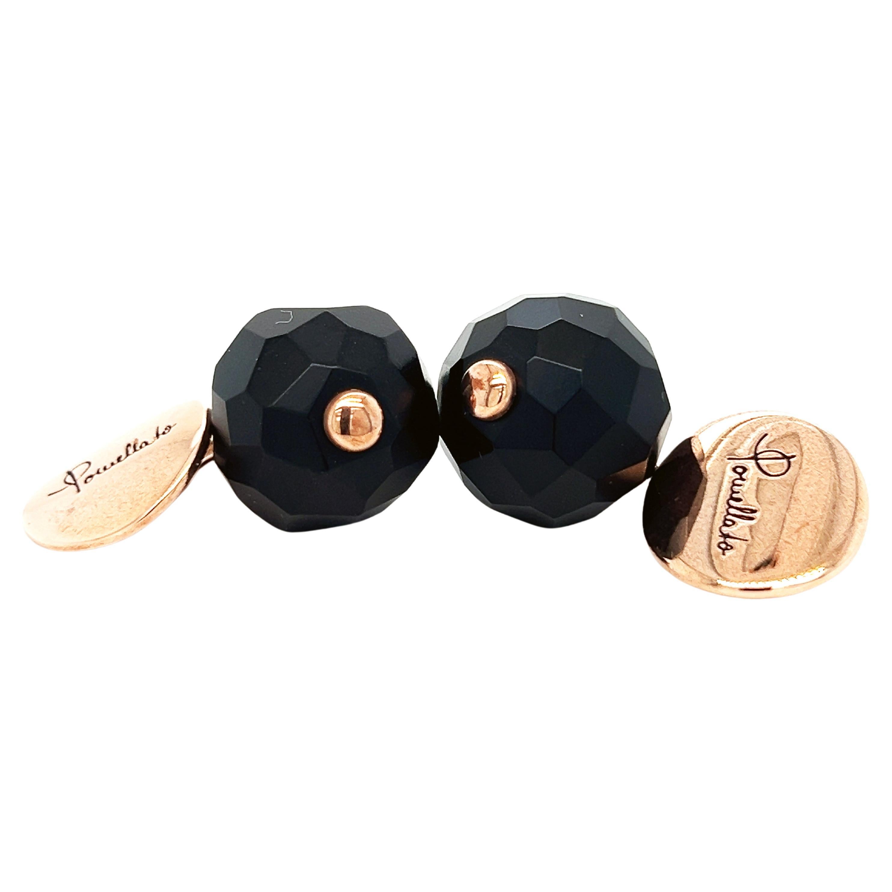 Original 2012 Iconic Pomellato Victoria Jet Faceted Ball Rose Gold Cufflinks For Sale