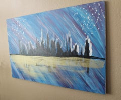 Original 20th Century Abstract Cityscape Oil Painting  1990s MCM Decor 30 by 48