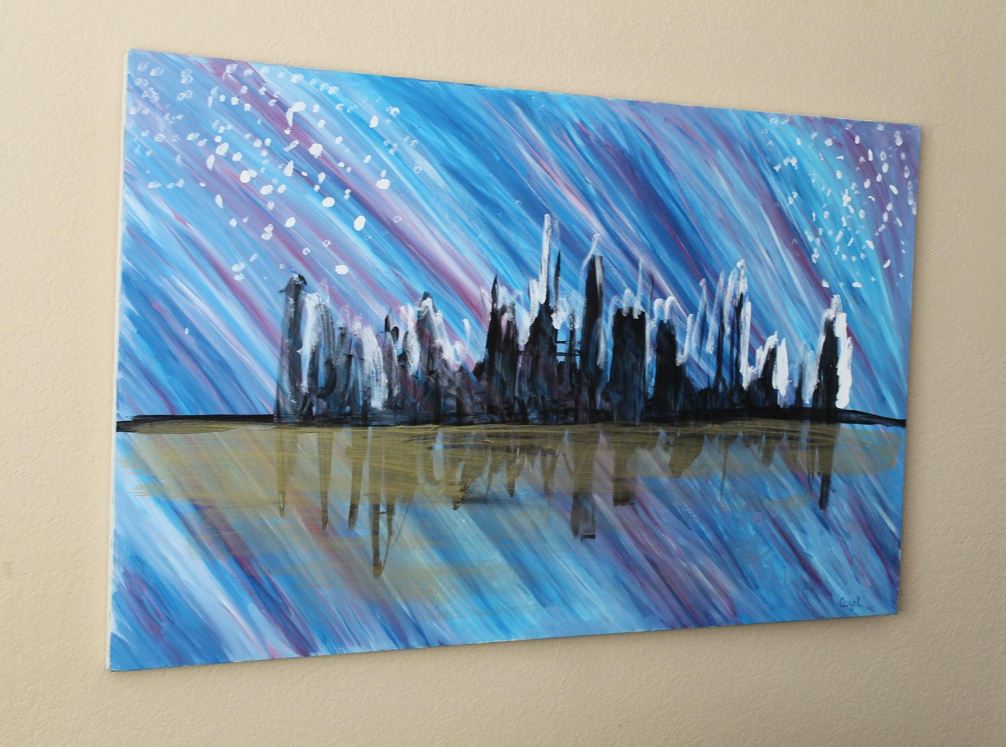 Original 20th Century Abstract Cityscape Oil Painting  1990s MCM Decor 30 by 48 In Good Condition For Sale In Peoria, AZ