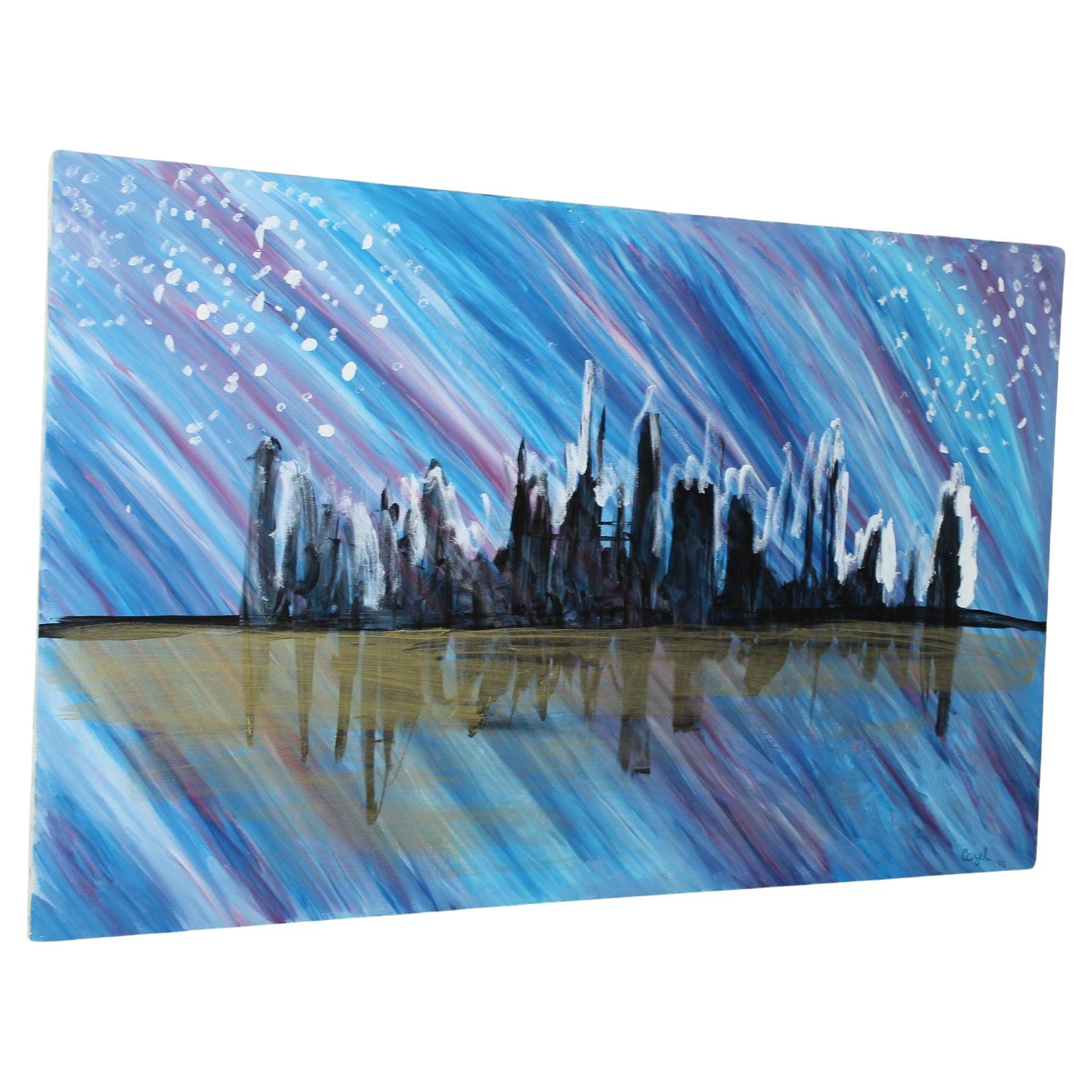 Pittura ad olio astratta del XX secolo con paesaggio urbano originale  Decorazione MCM anni '90 30 x 48