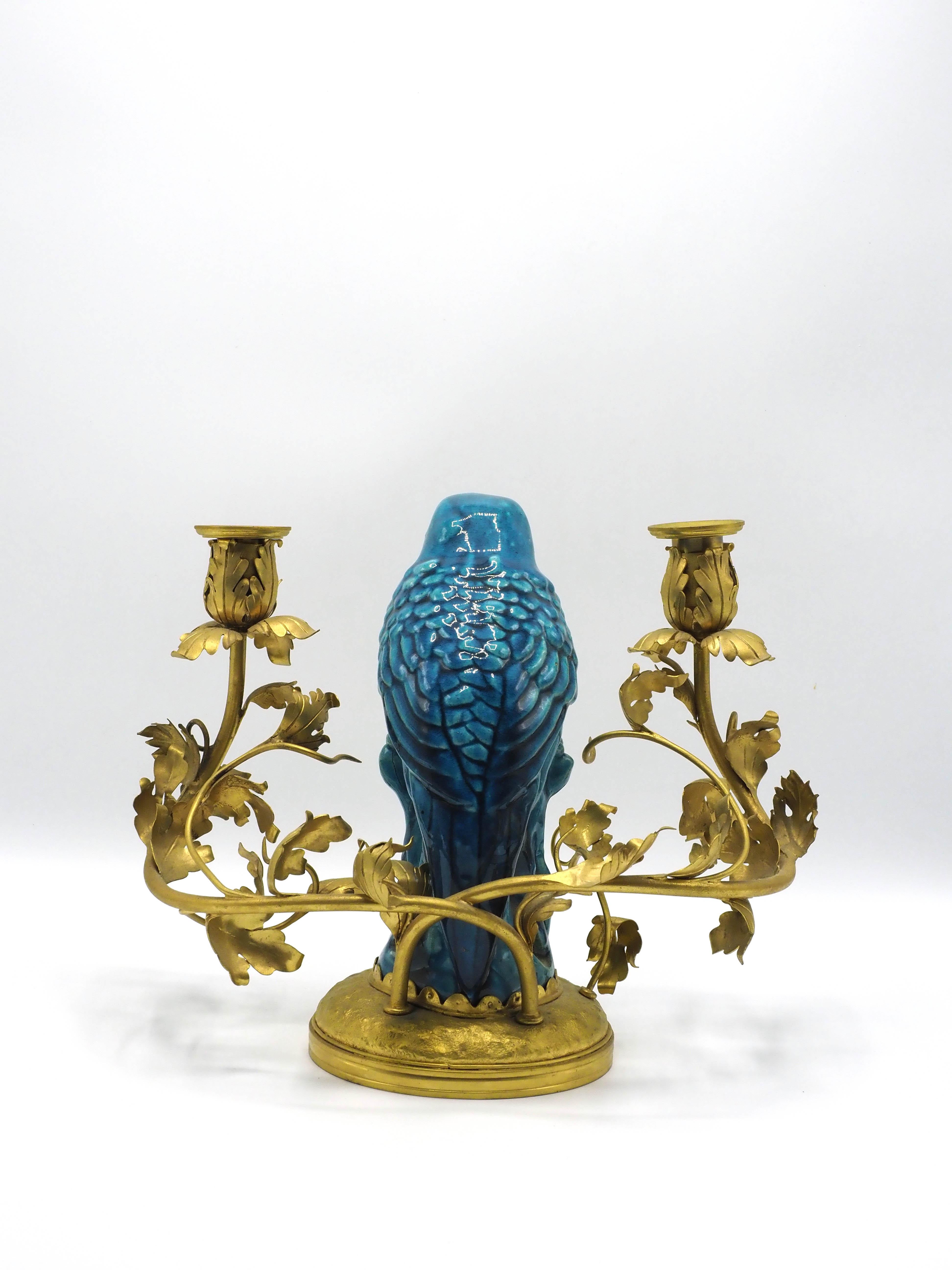 20th Century Original 20th-Century Chinese Chandelier in Gilded Bronze and Blue Porcelain
