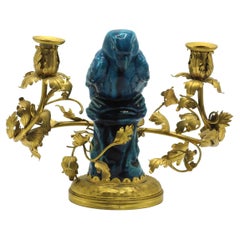 Original 20th-Century Chinese Chandelier in Gilded Bronze and Blue Porcelain