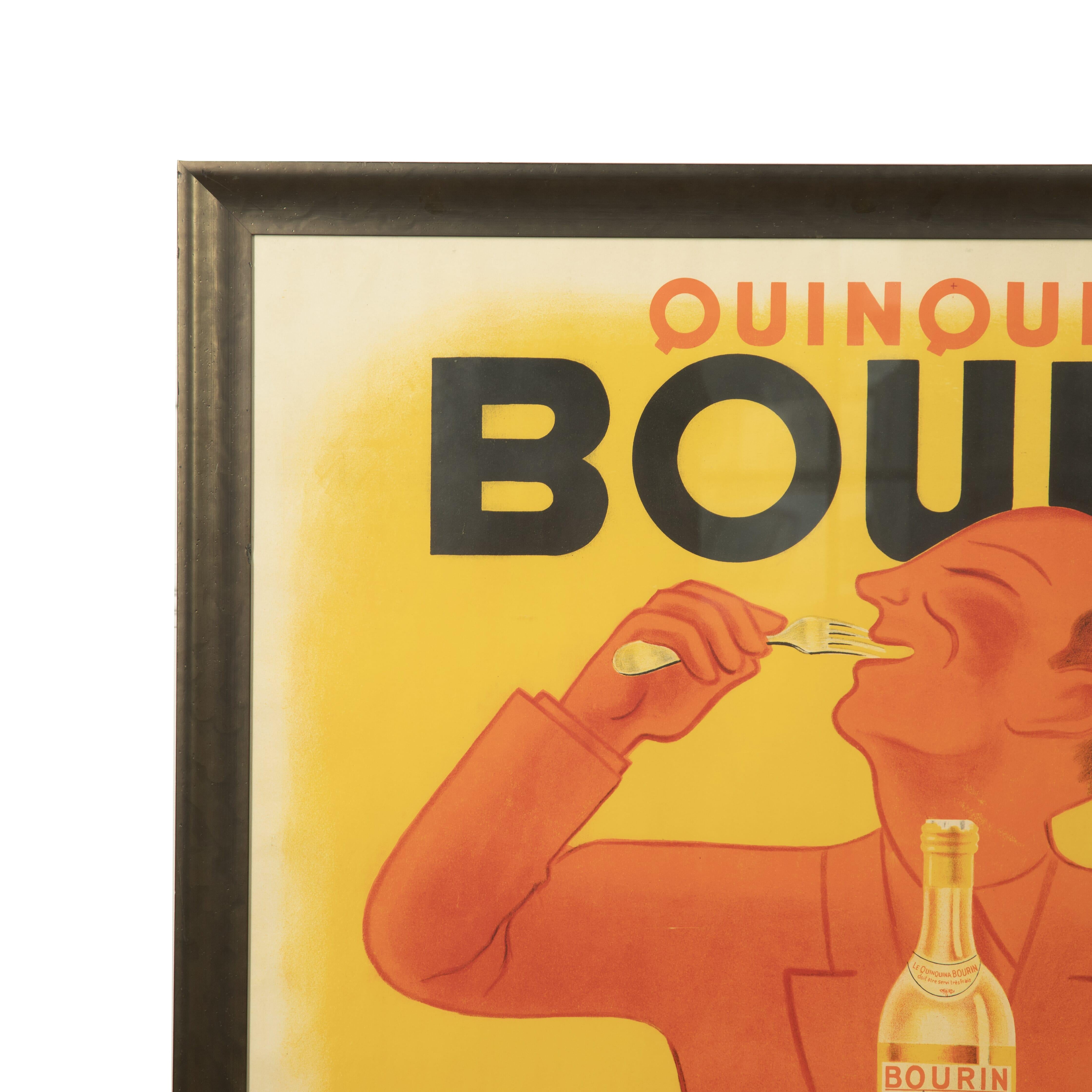 Jacques and Pierre Bellenger designed this original vintage poster in 1936.
This clever image shows that Bourin Quinquina is the perfect versatile beverage that can be enjoyed as an aperitif, while dining, and as an digestif. 
Quinine based drinks