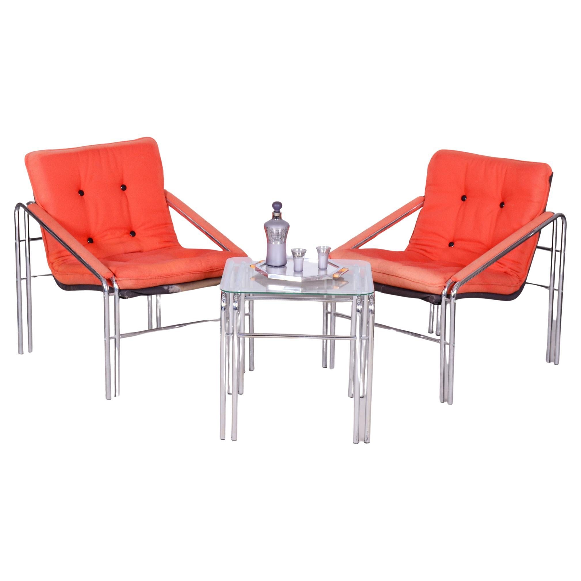 Original 20th Century Seating Set With Table, Chrome, Glass, Slovakia, 1970s