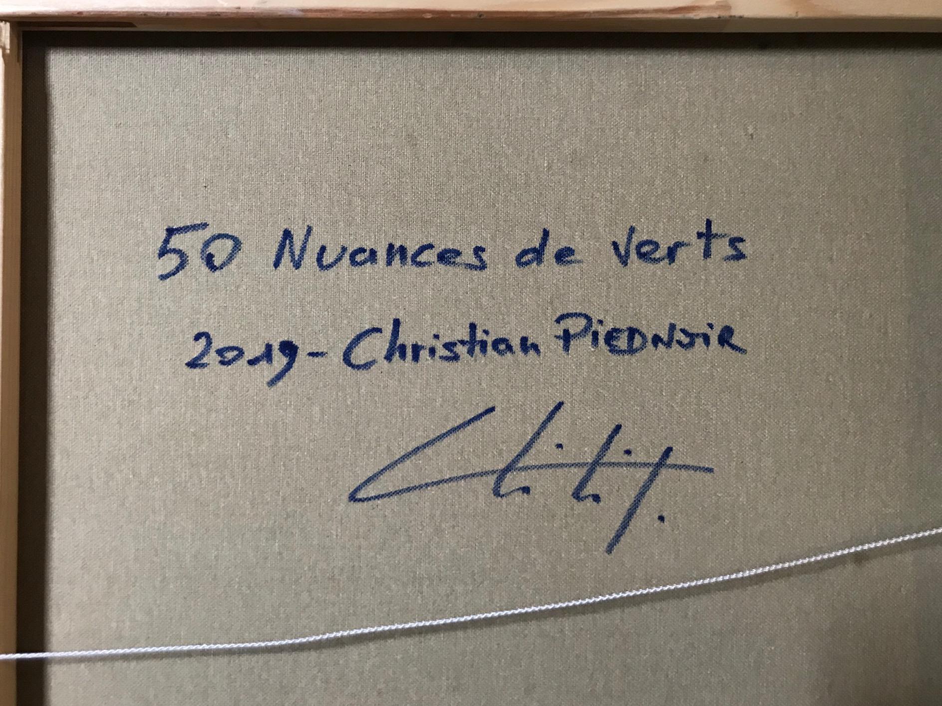 '50 nuances de verts' (50 shades of green) is an original unique acrylic on canvas painting by Christian Piednoir painted in 2019.

In the words of the artist describing his artistic approach.

It all starts with the magic of the first