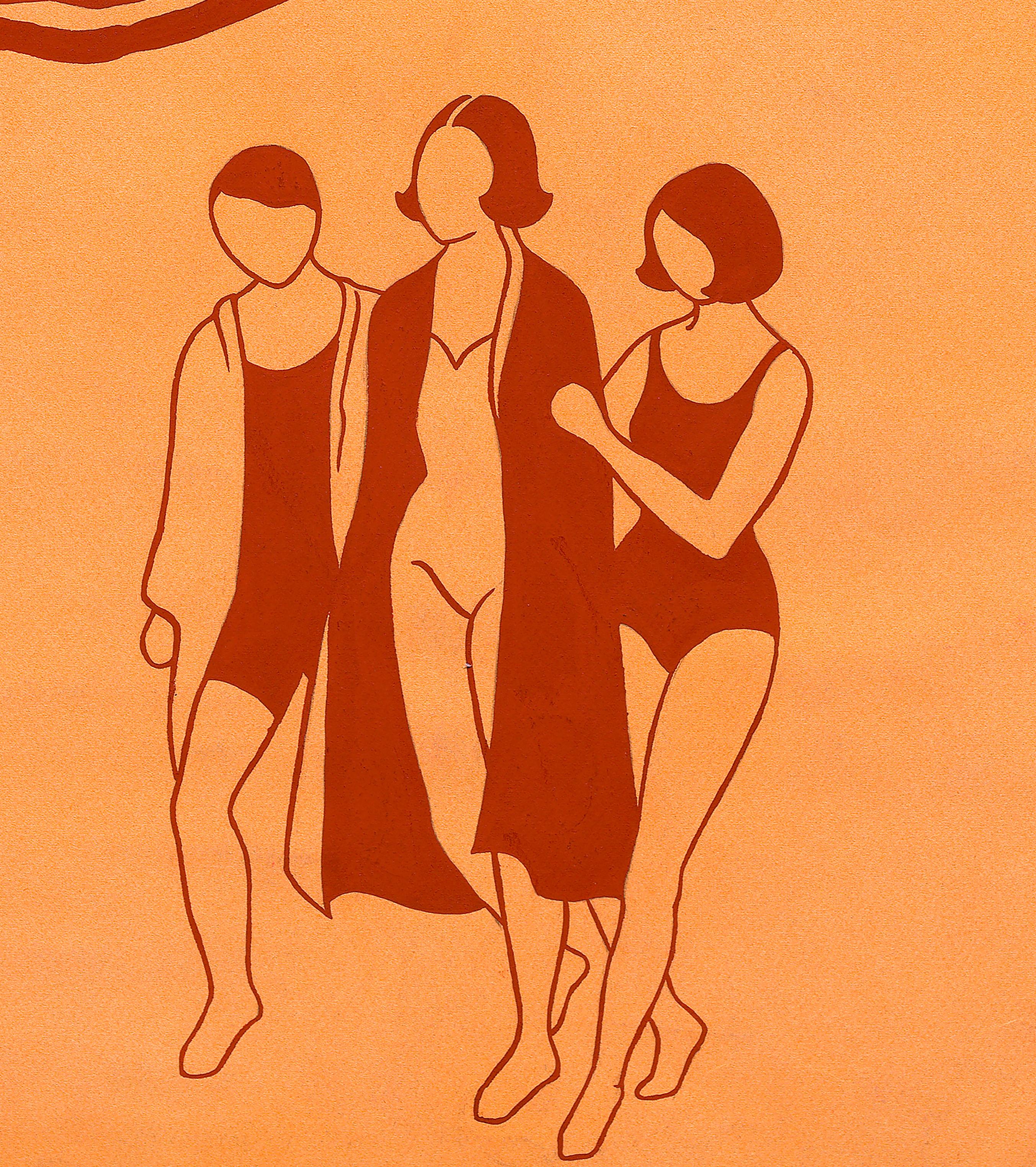Three girls walking on the beach shore, Art Deco females. Sealed on the back with design studio name and number 446

We offer a small number of these original illustration designs by this design studio based in Alcoy (Spain), which could pair well