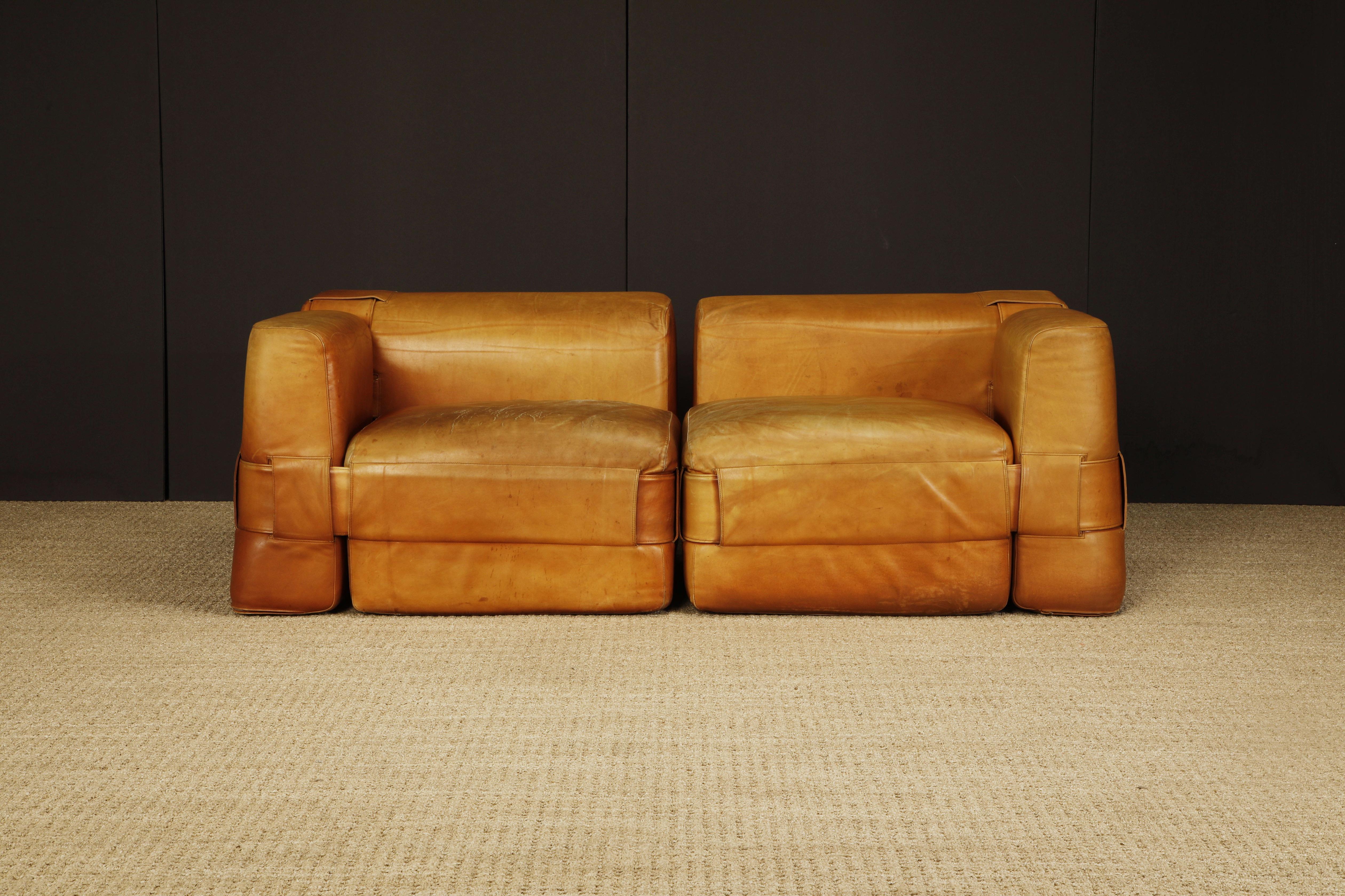 It doesn't get much cooler than this early year (original) collectors set of the model-932 'Quartet' sectional by Mario Bellini for Cassina. Released in 1964, this example has incredible thick leather hides in a gorgeous patinated cognac color.