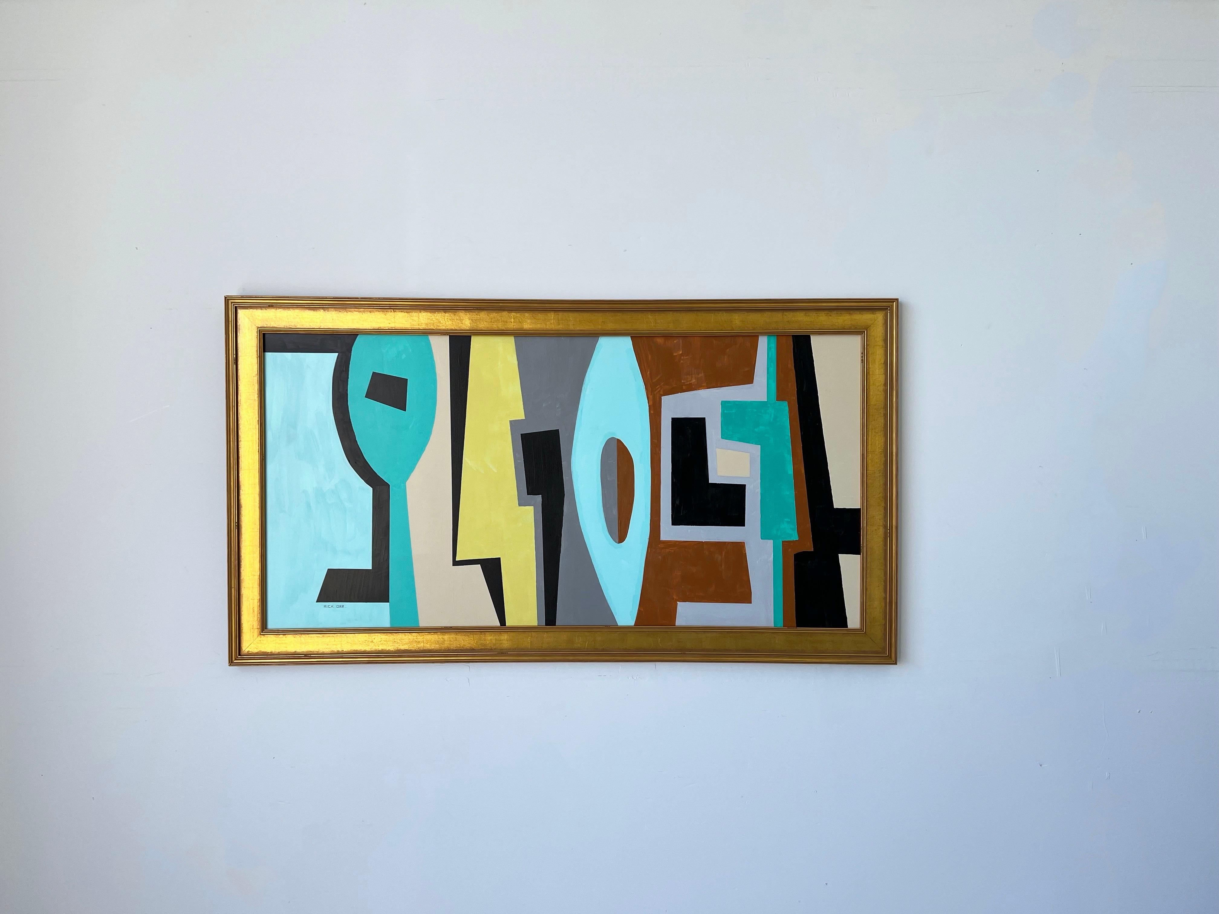 Grande peinture abstraite originale de l'artiste américain Rick Orr. 
Il s'agit d'une acrylique sur carton, avec un cadre en bois doré à la feuille. 
Mesures : 53,25