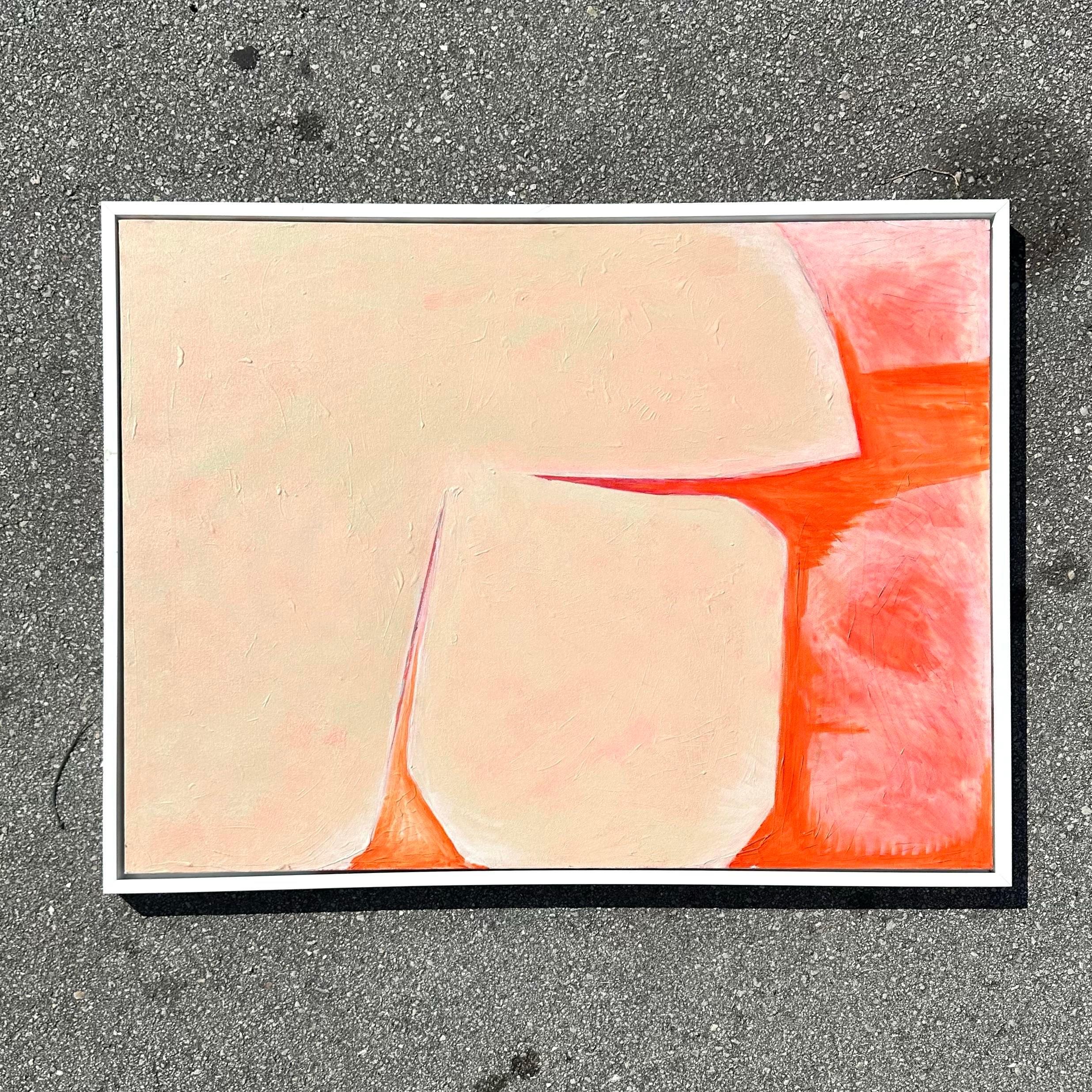 This painting is an abstract that utilizes differentiating shades of orange, angular shapes and textured paint to create a stunning minimalistic piece. Acquired from a Palm Beach estate. 