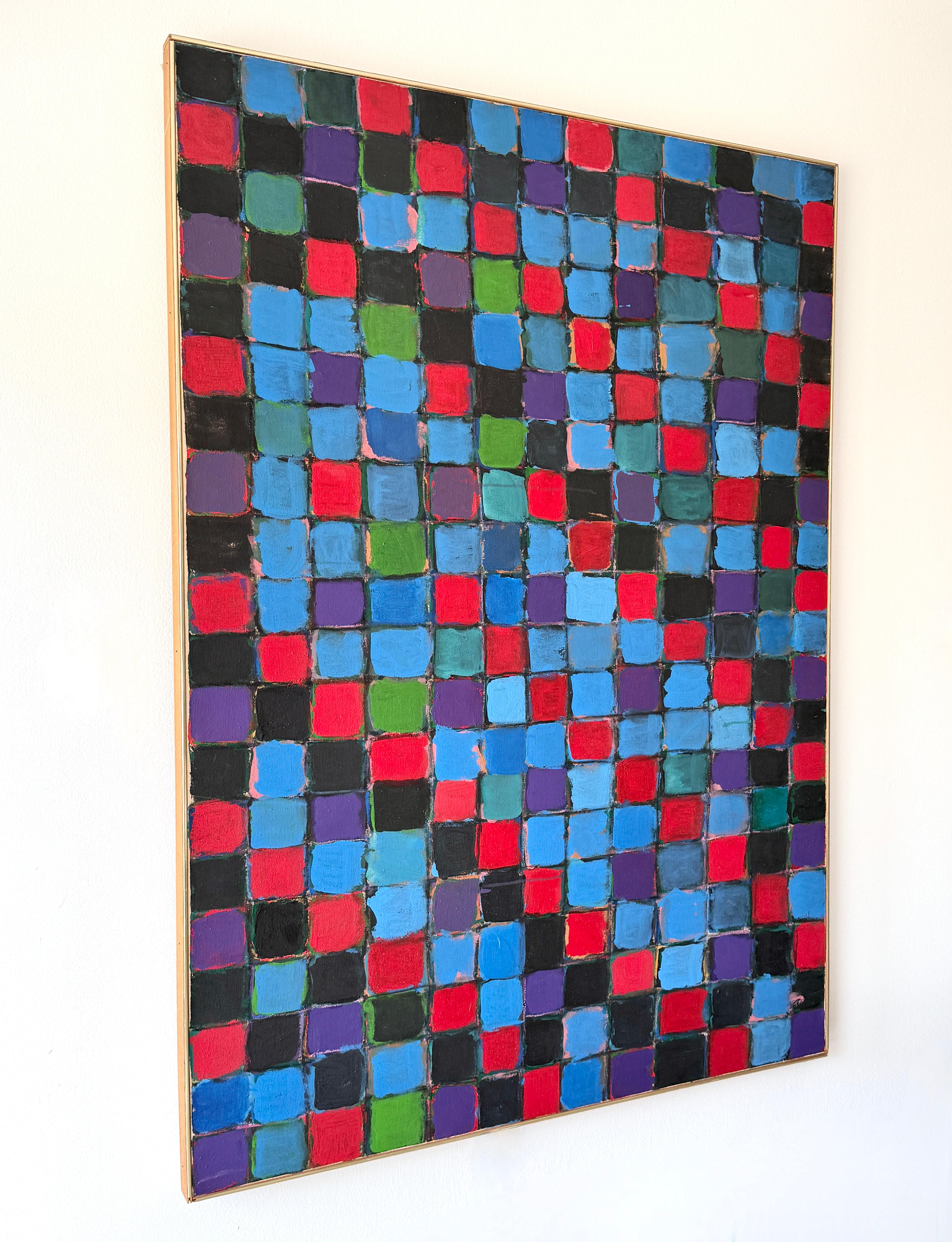 Early abstract painting by North American artist Harold Feist (1945-2021)

Mottled checkerboard of black squares and cool toned colors
66 inch height
48 inch width

Wired for both vertical and horizontal display

Signed dated 1971 and titled on