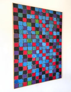 Mid Century Modernist Abstract Colorful Checkerboard Painting by Harold Feist