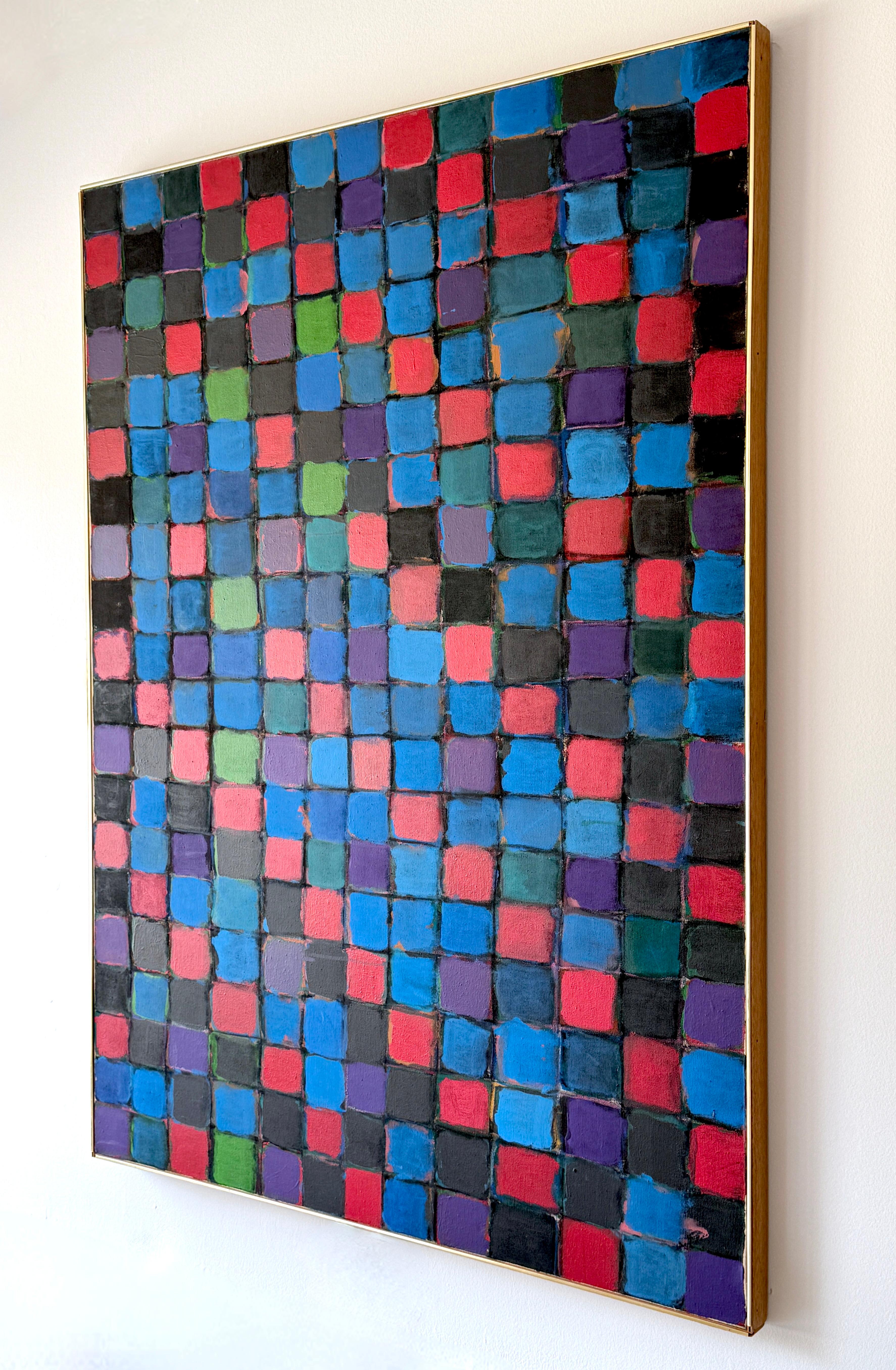 20th Century Mid Century Modernist Abstract Colorful Checkerboard Painting by Harold Feist