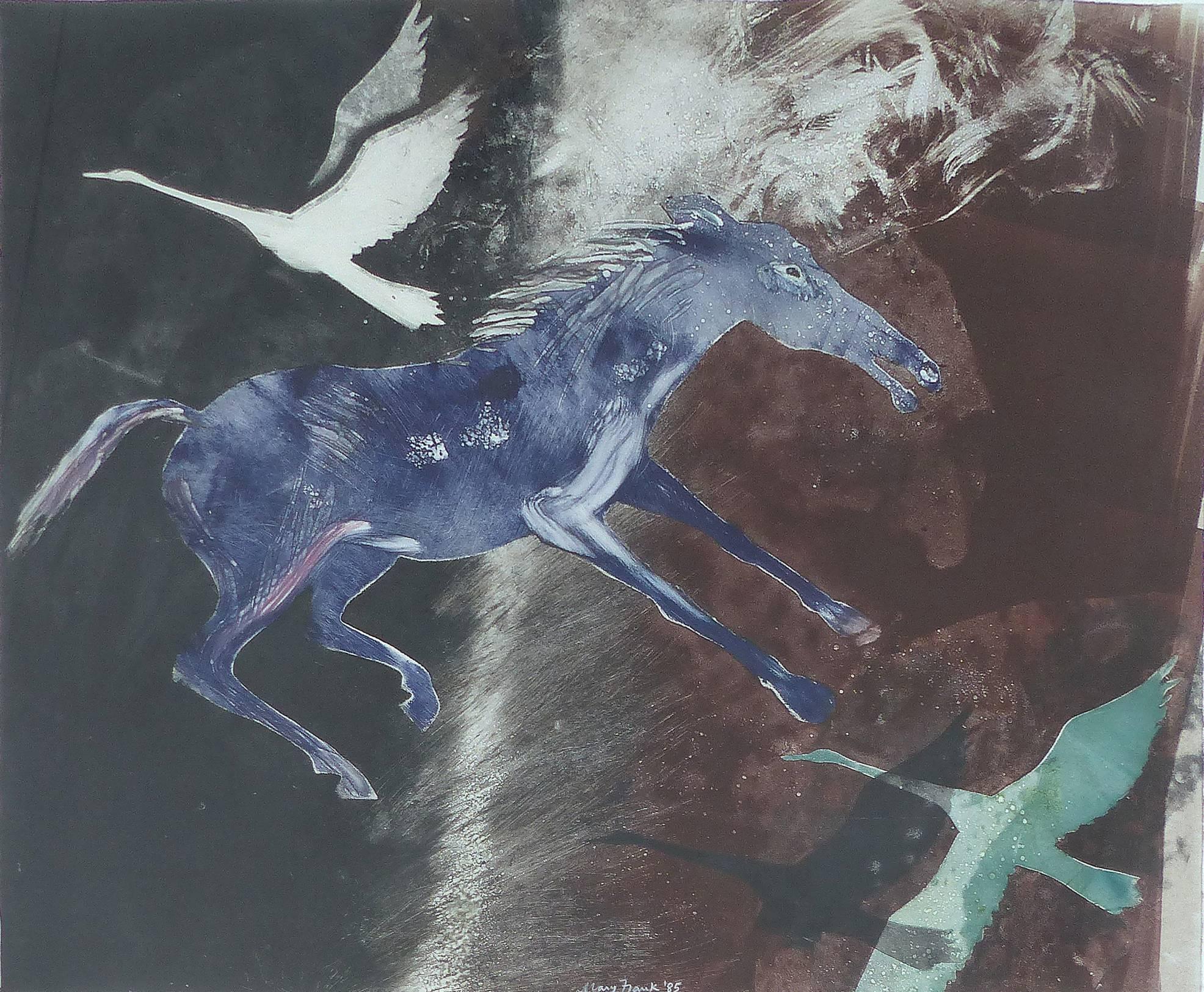 American  Mary Frank Original Abstract of Birds and a Horse on Paper, 1985