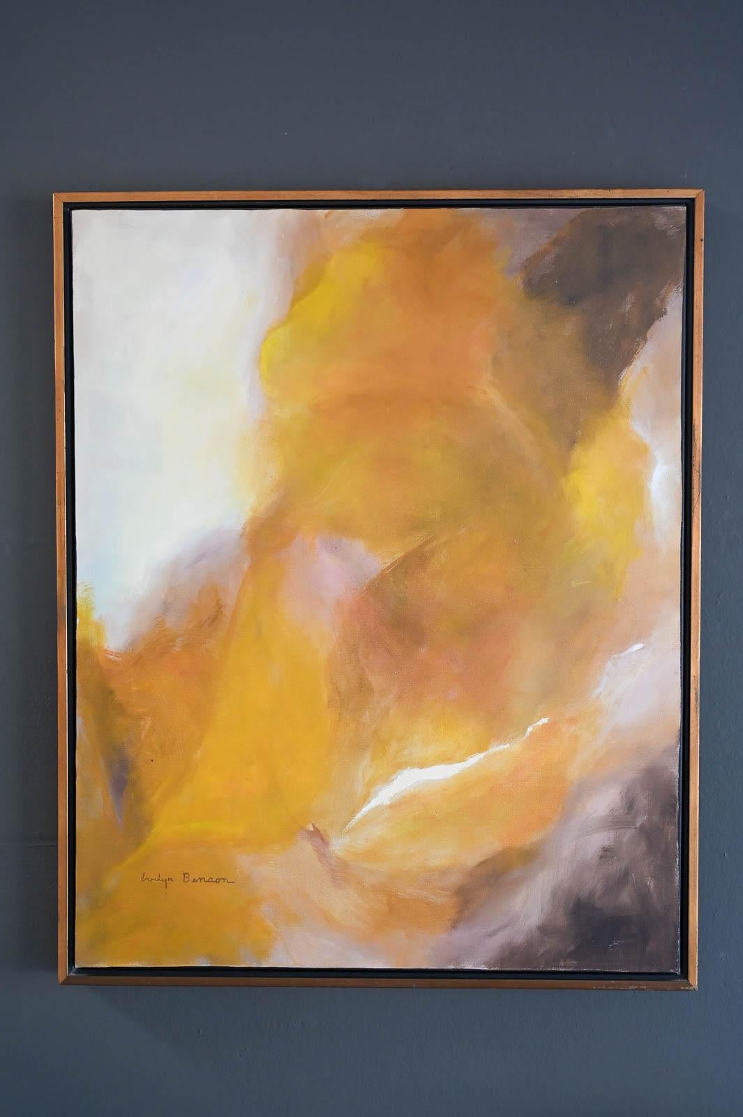 Original Abstract on Canvas by Evelyn Benson, ca. 1965.  Beautiful yellow, gold, tan warm colors that will work with any decor.  Original acrylic on canvas and original frame.  Signature on front.  

Measures 31